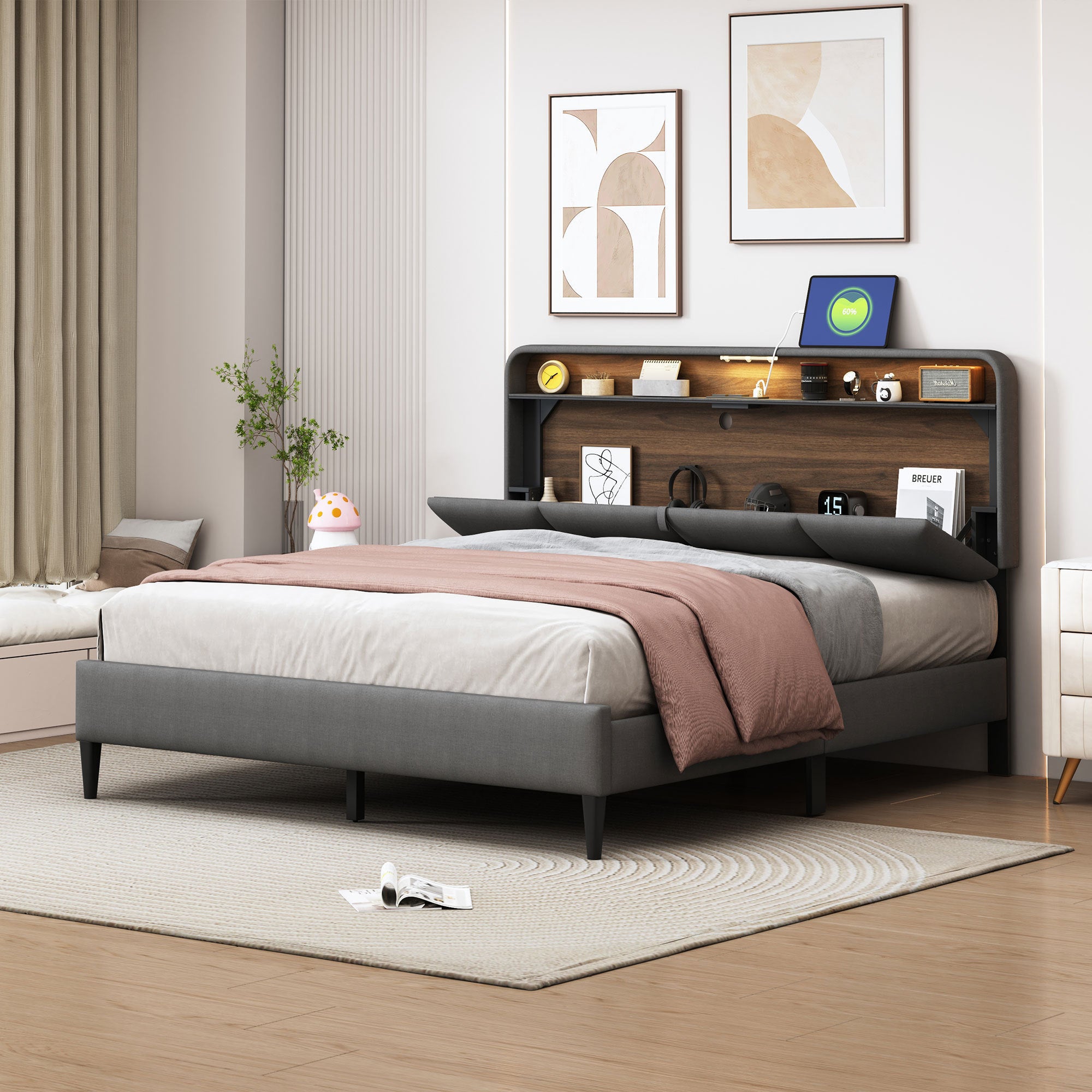 🆓🚛 Queen size Upholstered Platform Bed with Storage Headboard, Sensor Light and a set of Sockets and USB Ports, Linen Fabric, Gray