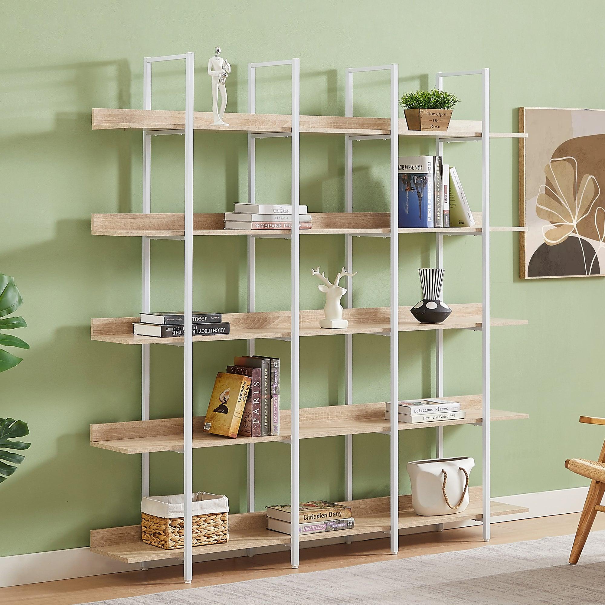 🆓🚛 5 Tier Bookcase Home Office Open Bookshelf, Vintage Industrial Style Shelf, Mdf Board, White Metal Frame, Oak