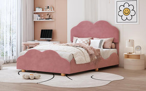 Full Size Upholstered Platform Bed with Cloud Shaped bed board, Dark Pink