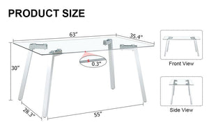 A Modern Minimalist Rectangular Glass Dining Table With Tempered Glass Tabletop And Silver Metal Legs, Suitable For Kitchens, Restaurants, And Living Rooms, 63"*35.4"*30"