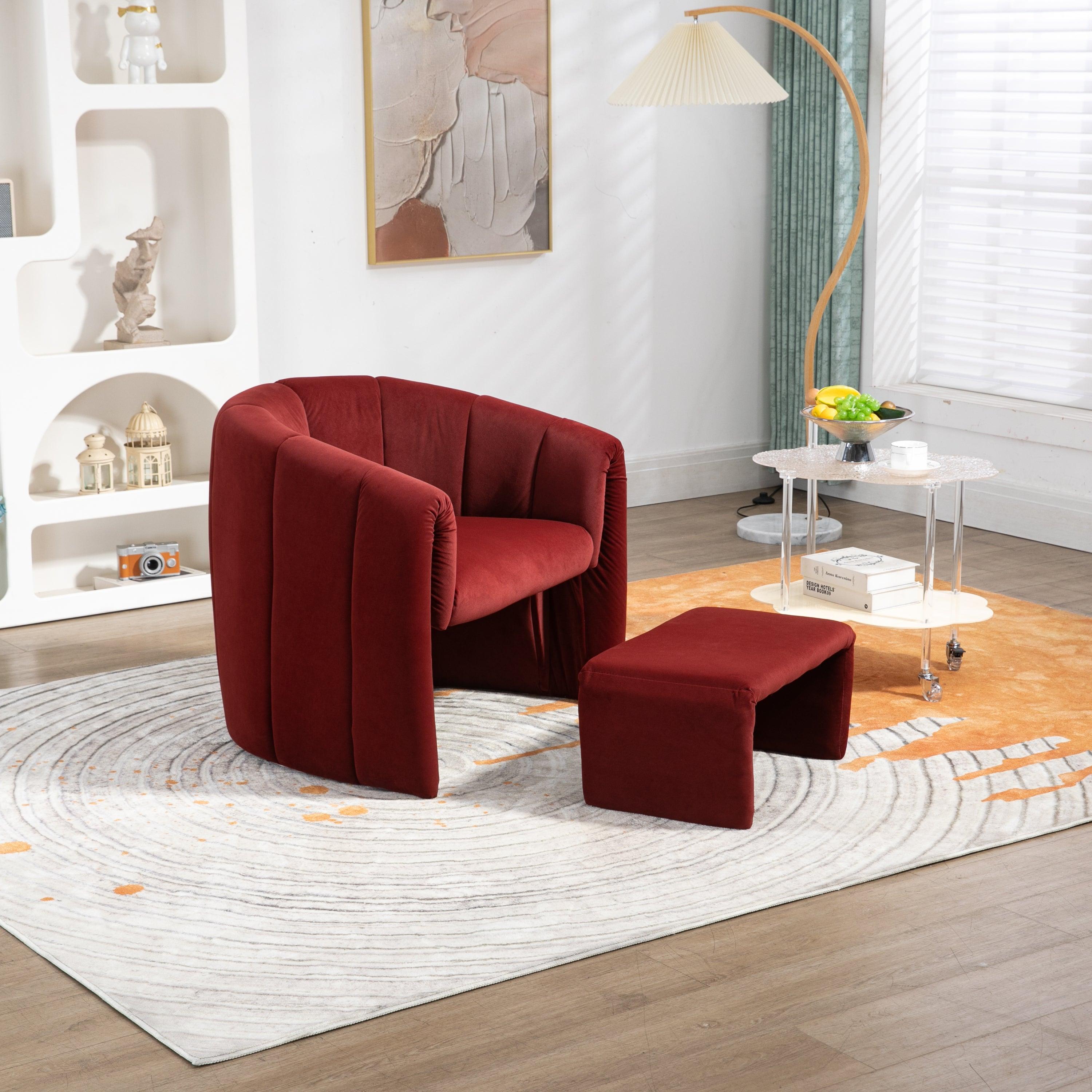 🆓🚛 Yungee Mid Century Modern Barrel Accent Chair With Ottoman Set, Wine Red