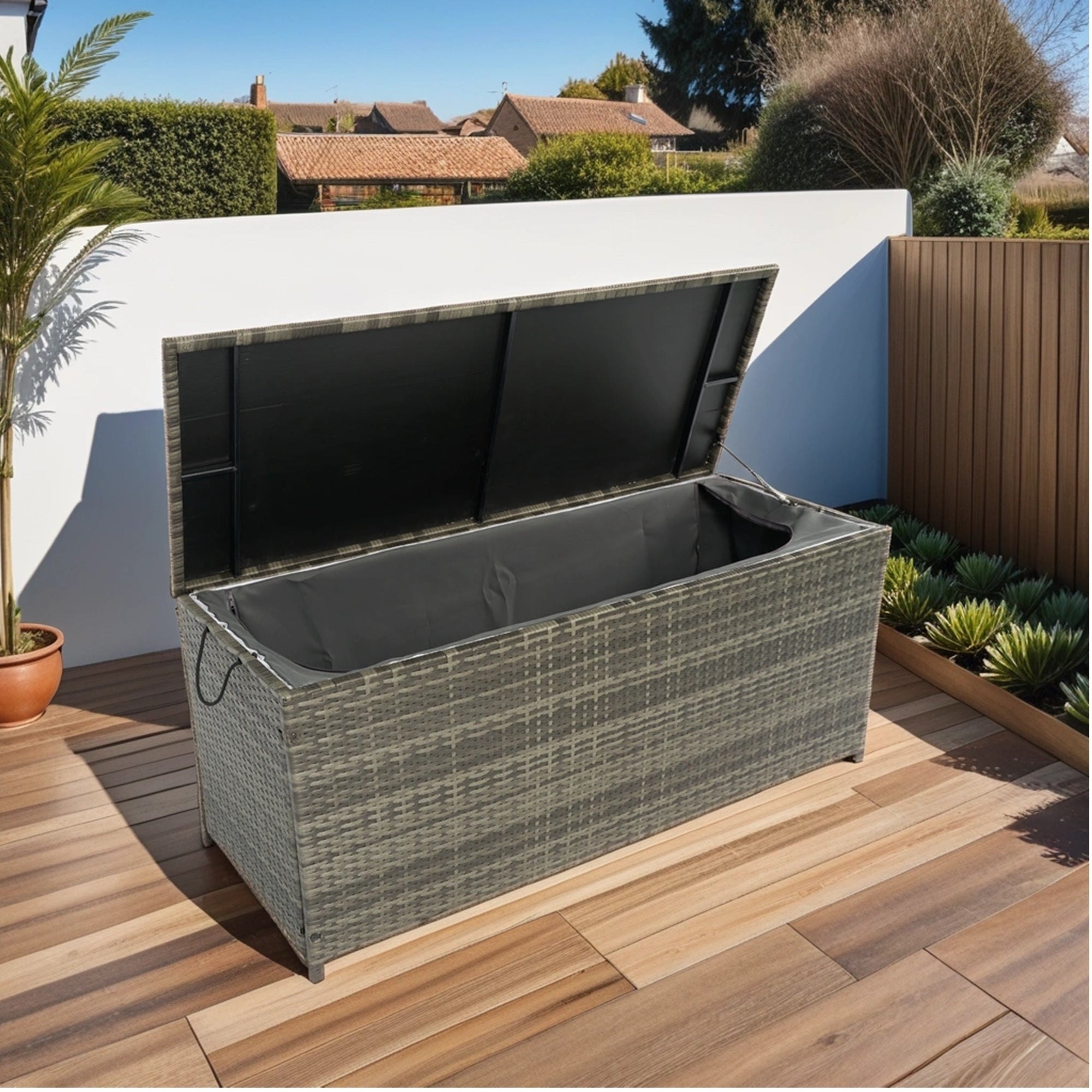 🆓🚛 Outdoor Storage Box, 113 Gallon Wicker Patio Deck Boxes With Lid, Outdoor Cushion Storage for Kids Toys, Pillows, Towel Gray Wicker