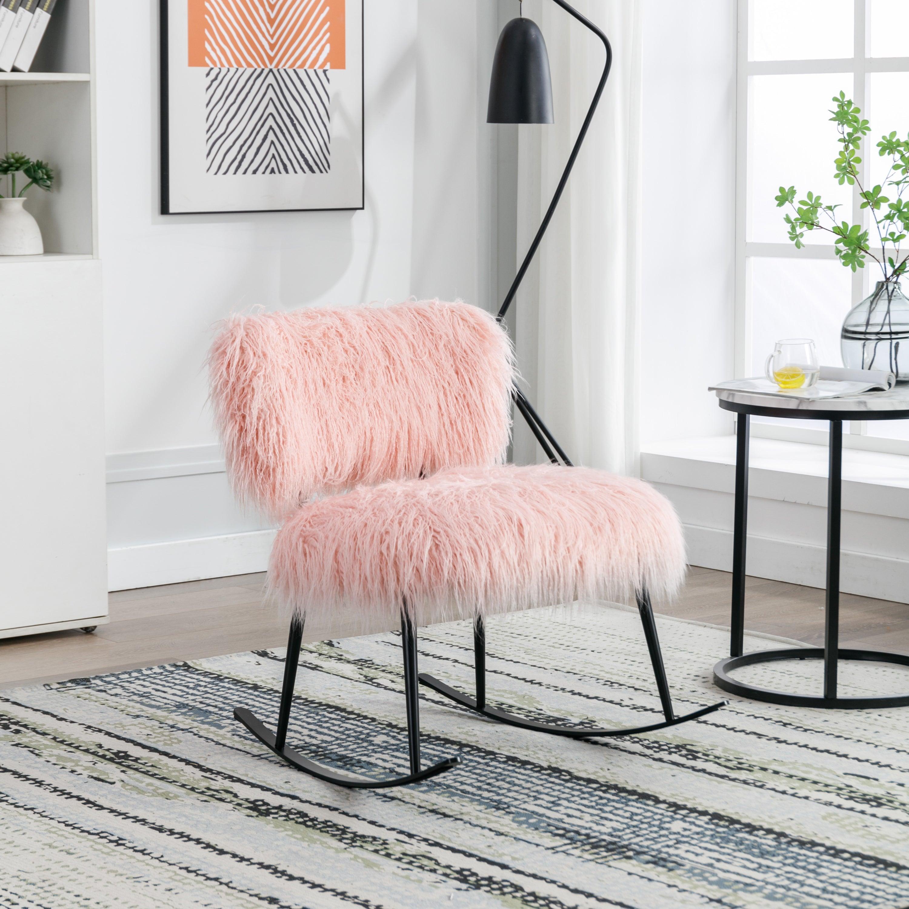 25.2'' Wide Faux Fur Plush Nursery Rocking Chair, Baby Nursing Chair with Metal Rocker, Fluffy Upholstered Glider Chair, Comfy Mid Century Modern Chair for Living Room, Bedroom (Pink) LamCham