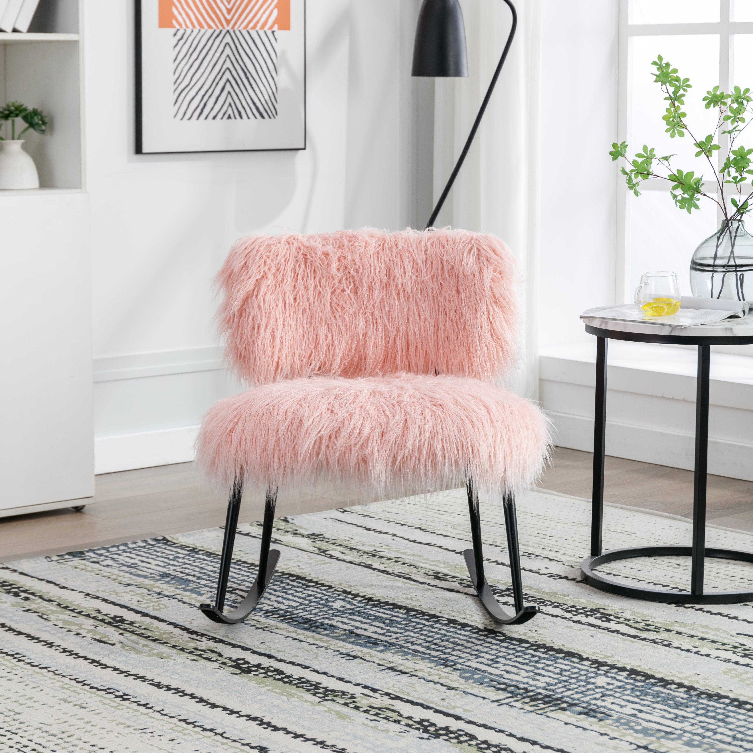 25.2'' Wide Faux Fur Plush Nursery Rocking Chair, Baby Nursing Chair with Metal Rocker, Fluffy Upholstered Glider Chair, Comfy Mid Century Modern Chair for Living Room, Bedroom (Pink) LamCham