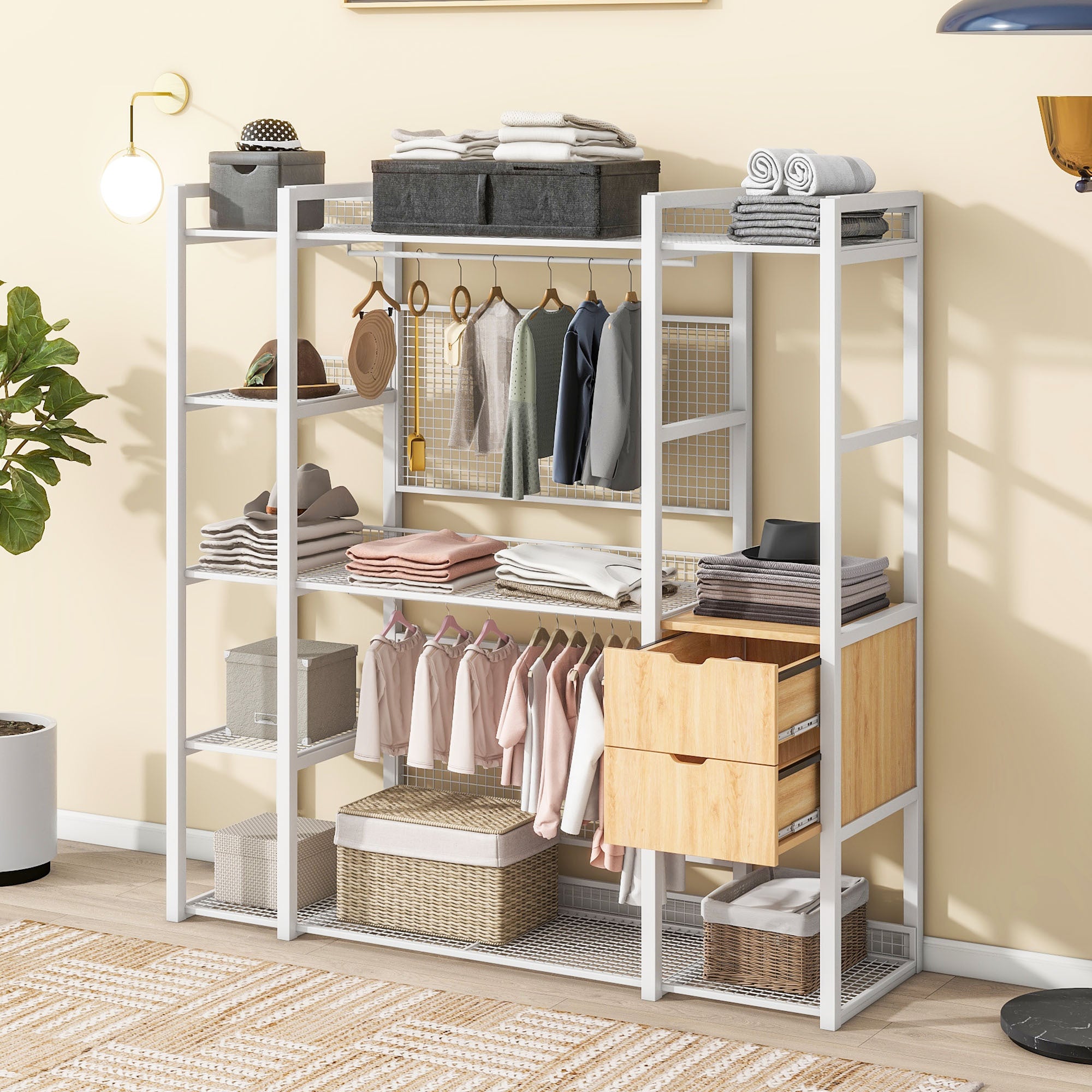 Open-Style Wardrobe with Hanging Rails, Shelves and Drawers, White