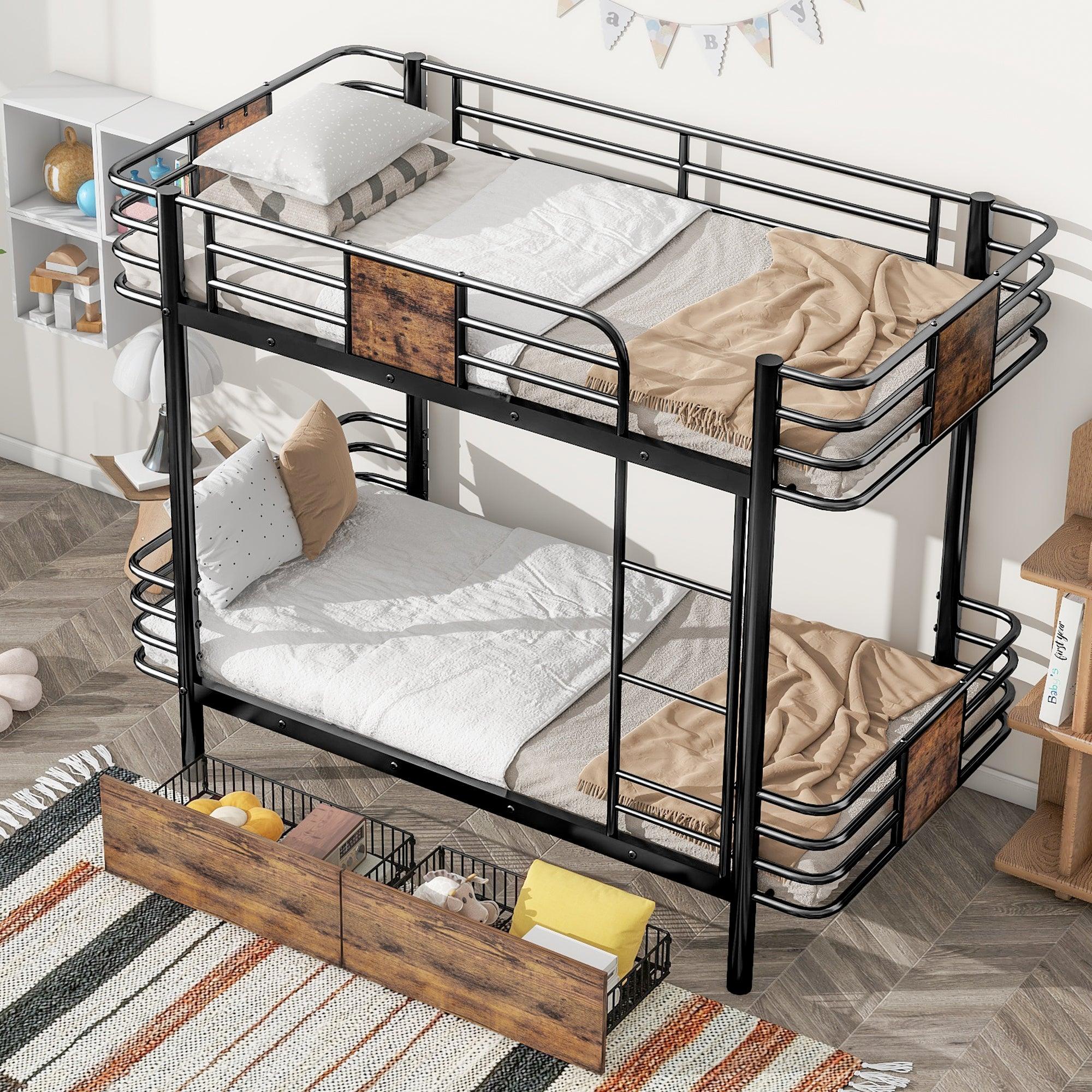 🆓🚛 Twin Xl Over Twin Xl Metal Bunk Bed With MDF Board, Guardrail & Two Storage Drawers, Black