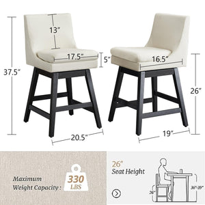 26" Upholstered High Back & Footrest Counter Swivel Bar Stools - Set Of 2 - Cream White