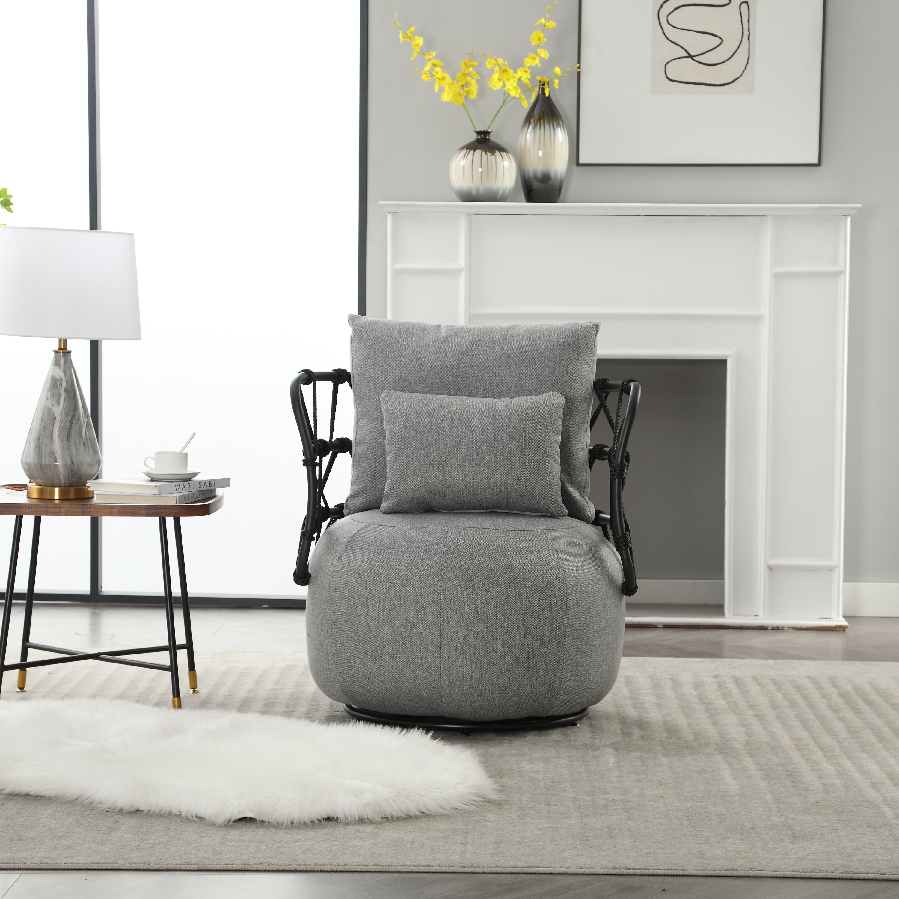 🆓🚛 Upholstered Tufted Living Room Chair Textured Linen Fabric Accent Chair With Metal Stand, Gray