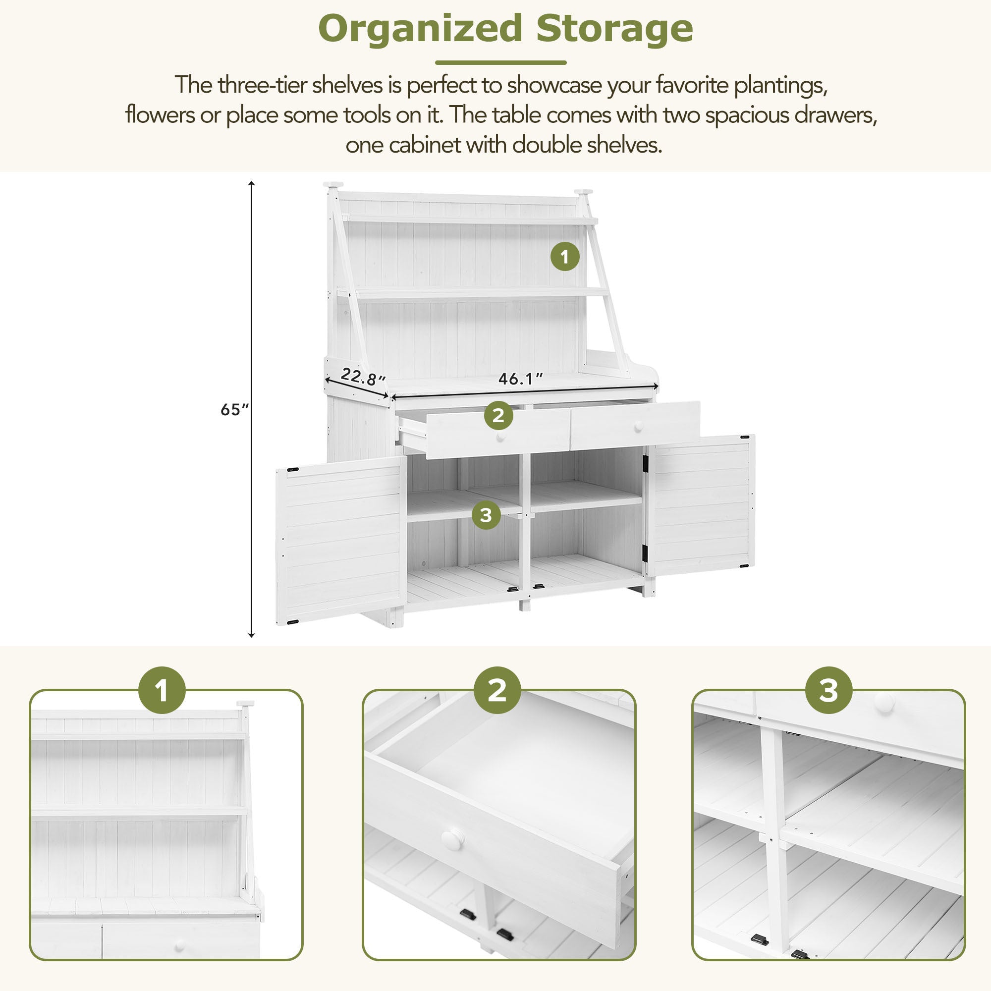 🆓🚛 65" Garden Potting Bench Table, Fir Wood Workstation With Storage Shelf, Drawer and Cabinet, White