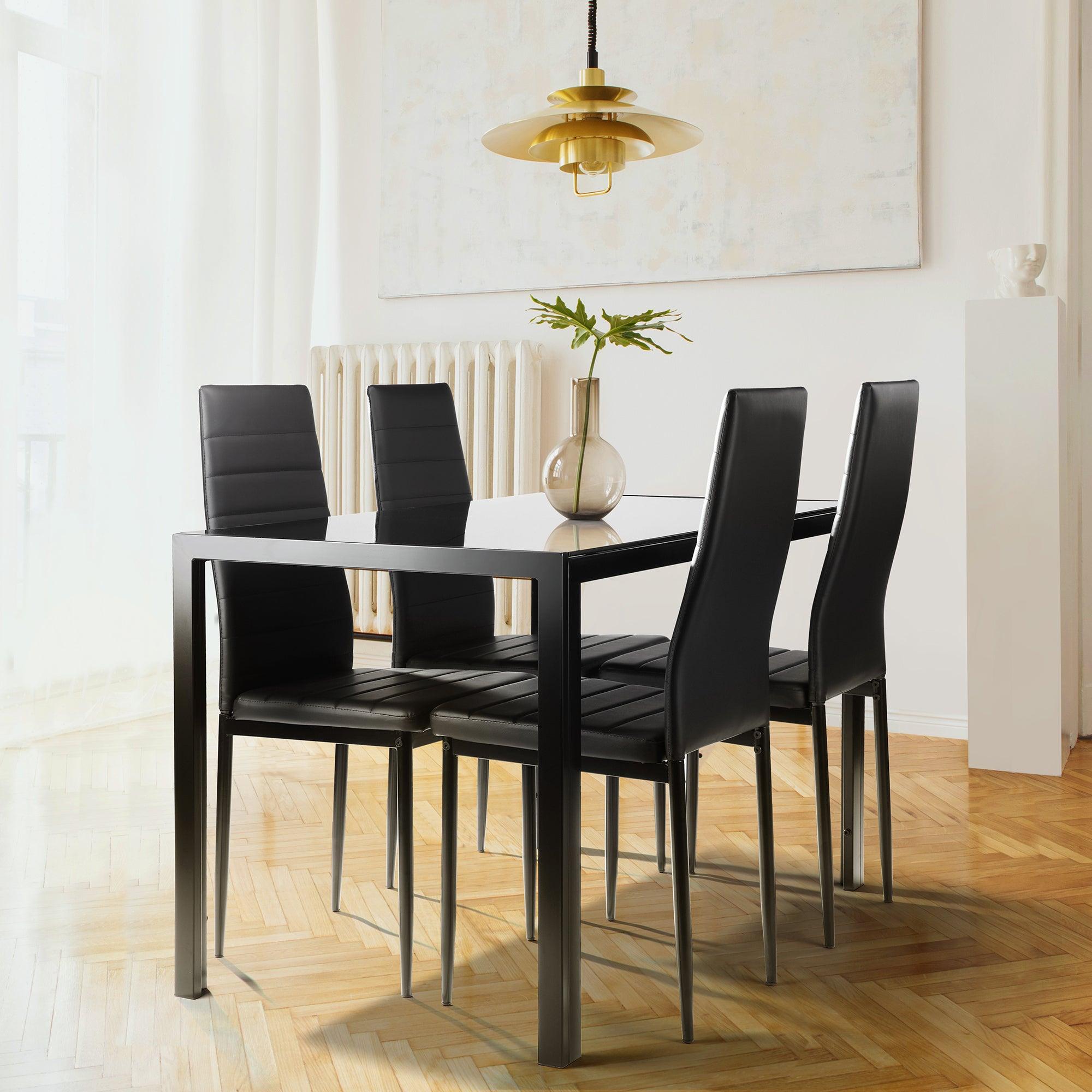 🆓🚛 5 Pieces Dining Table Set for 4, Kitchen Room Tempered Glass Dining Table, 4 Faux Leather Chairs, Black