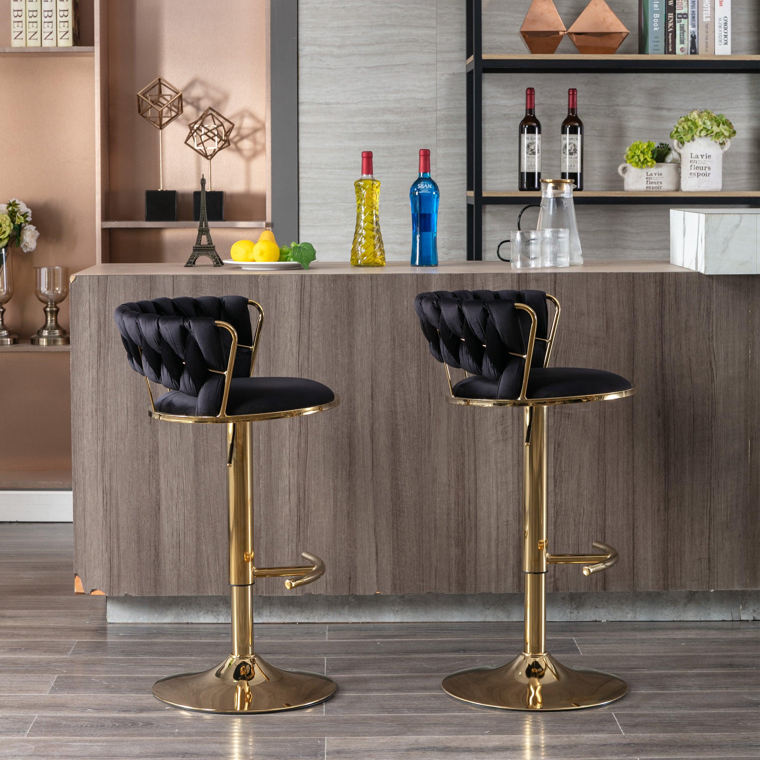 🆓🚛 Set Of 2 Bar Stools, With Chrome Footrest & Base Swivel Height Adjustable Mechanical Lifting Velvet + Golden Leg Simple Bar Stool-Black