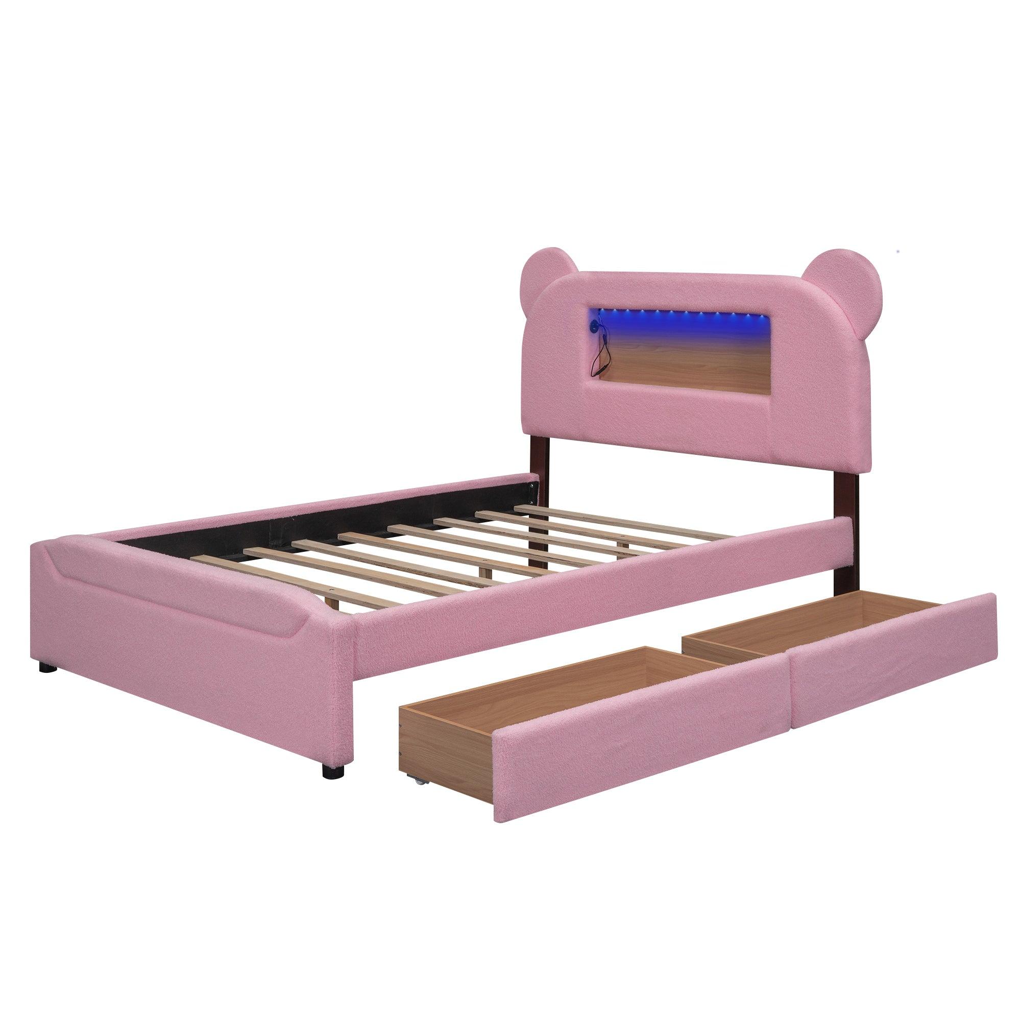 Full Size Upholstered Storage Platform Bed with Cartoon Ears Headboard, LED and USB, Pink