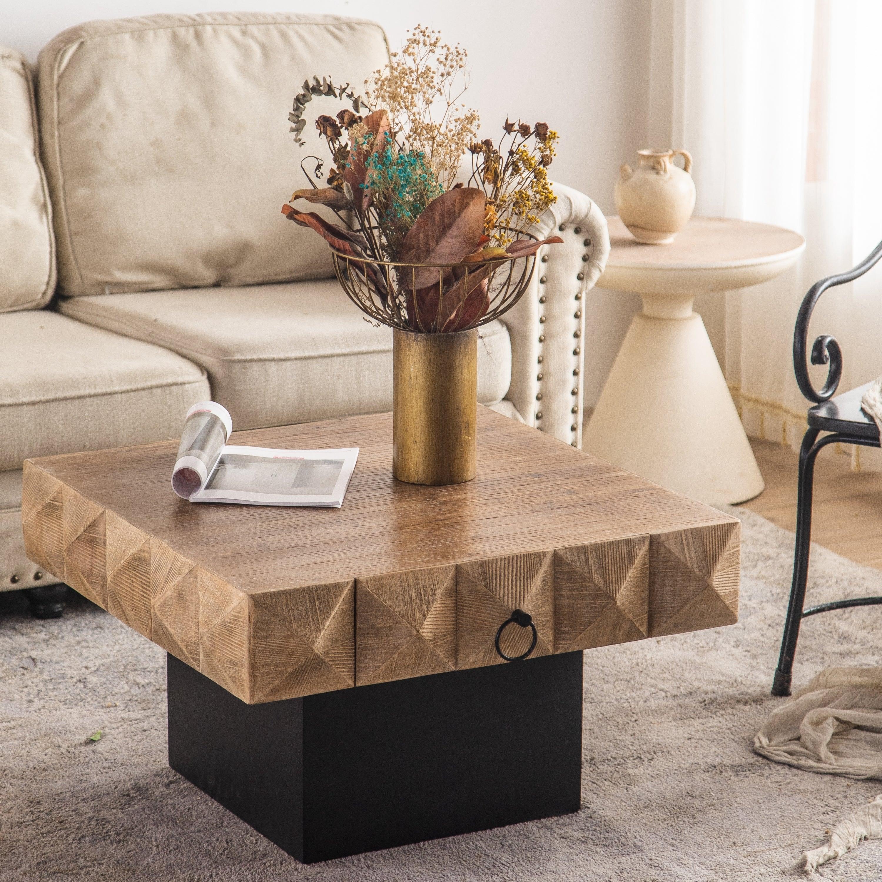 🆓🚛 32.28"Three-Dimensional Embossed Pattern Square Retro Coffee Table With 2 Drawers and Mdf Base