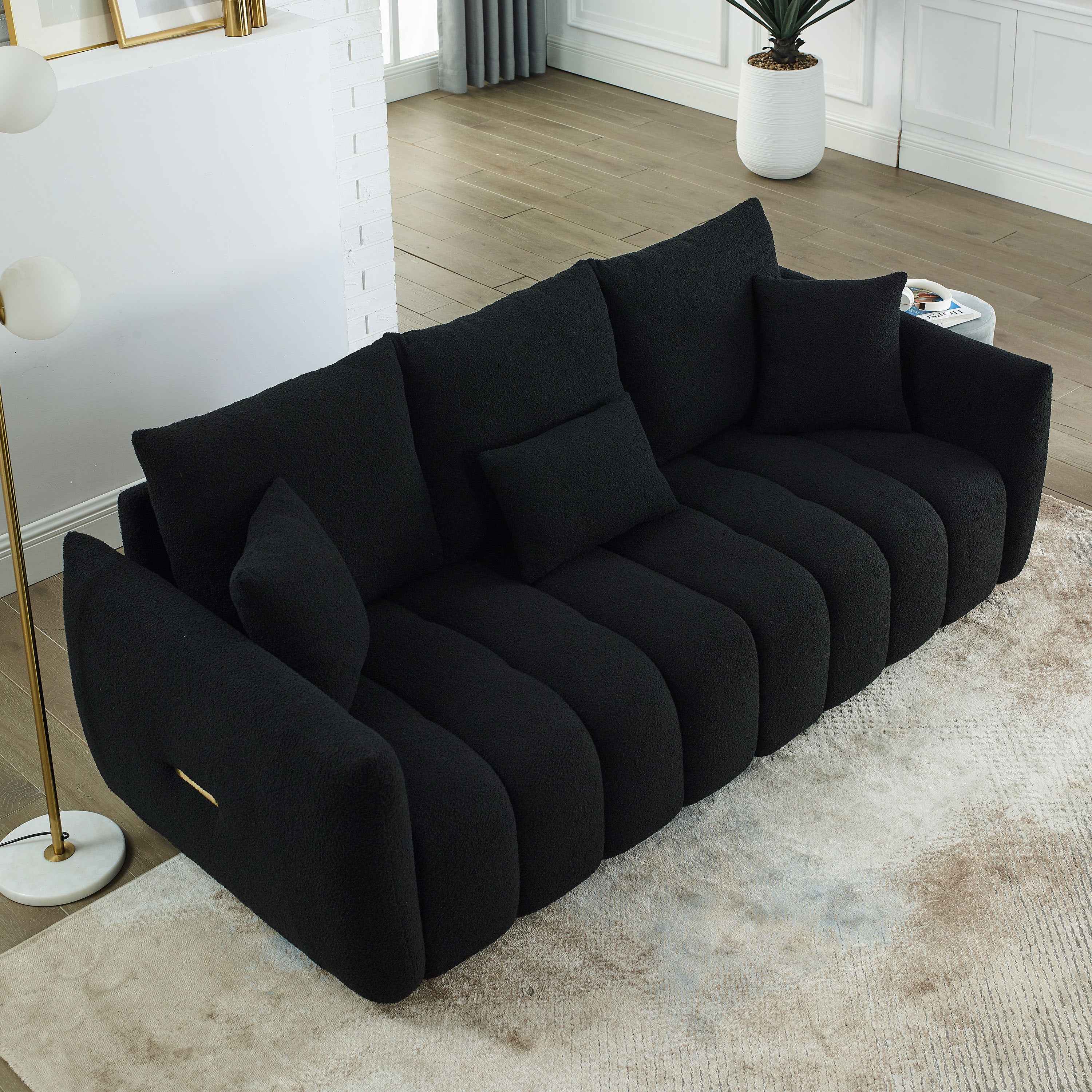 🆓🚛 82" Premium Teddy Velvet Sofa With 3 Back Pillows and 3 Back Cushions Solid Wood Frame 3-Seater Sofa, Black