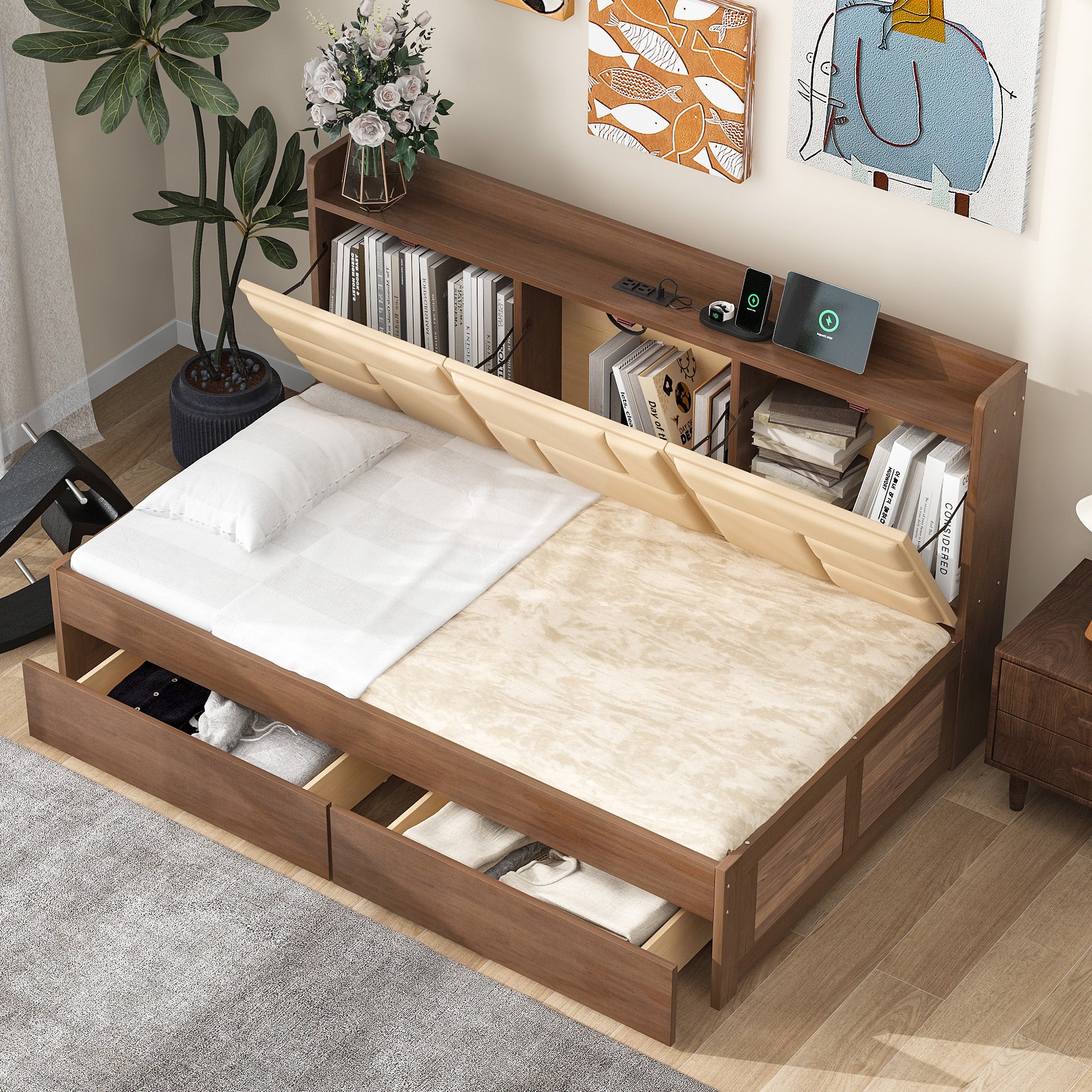 Twin Size Wood Daybed with Upholstered Storage Shelves, USB Ports and 2 Drawers, Wood Color