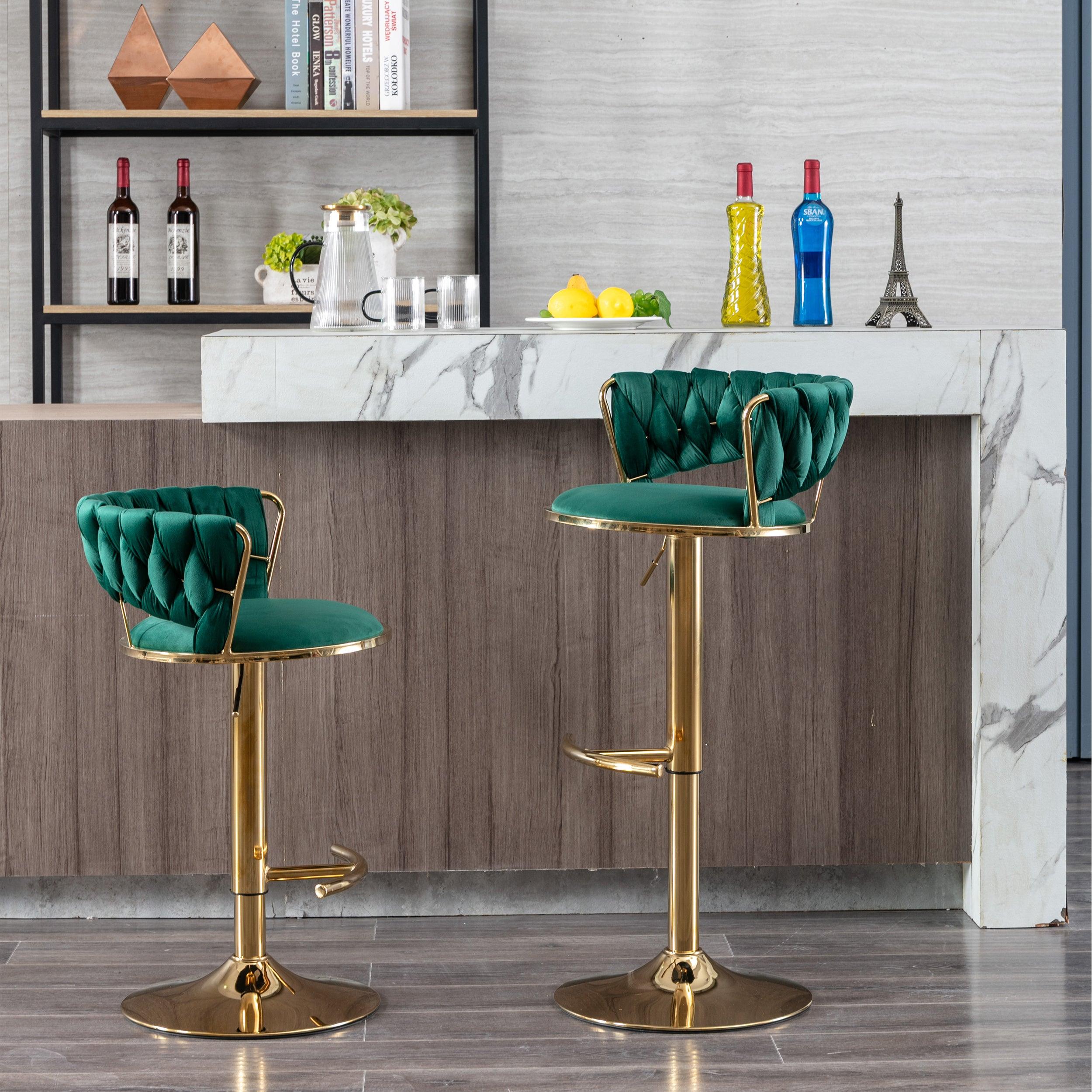 🆓🚛 Set Of 2 Bar Stools, With Chrome Footrest & Base Swivel Height Adjustable Mechanical Lifting Velvet + Golden Leg Simple Bar Stool-Green