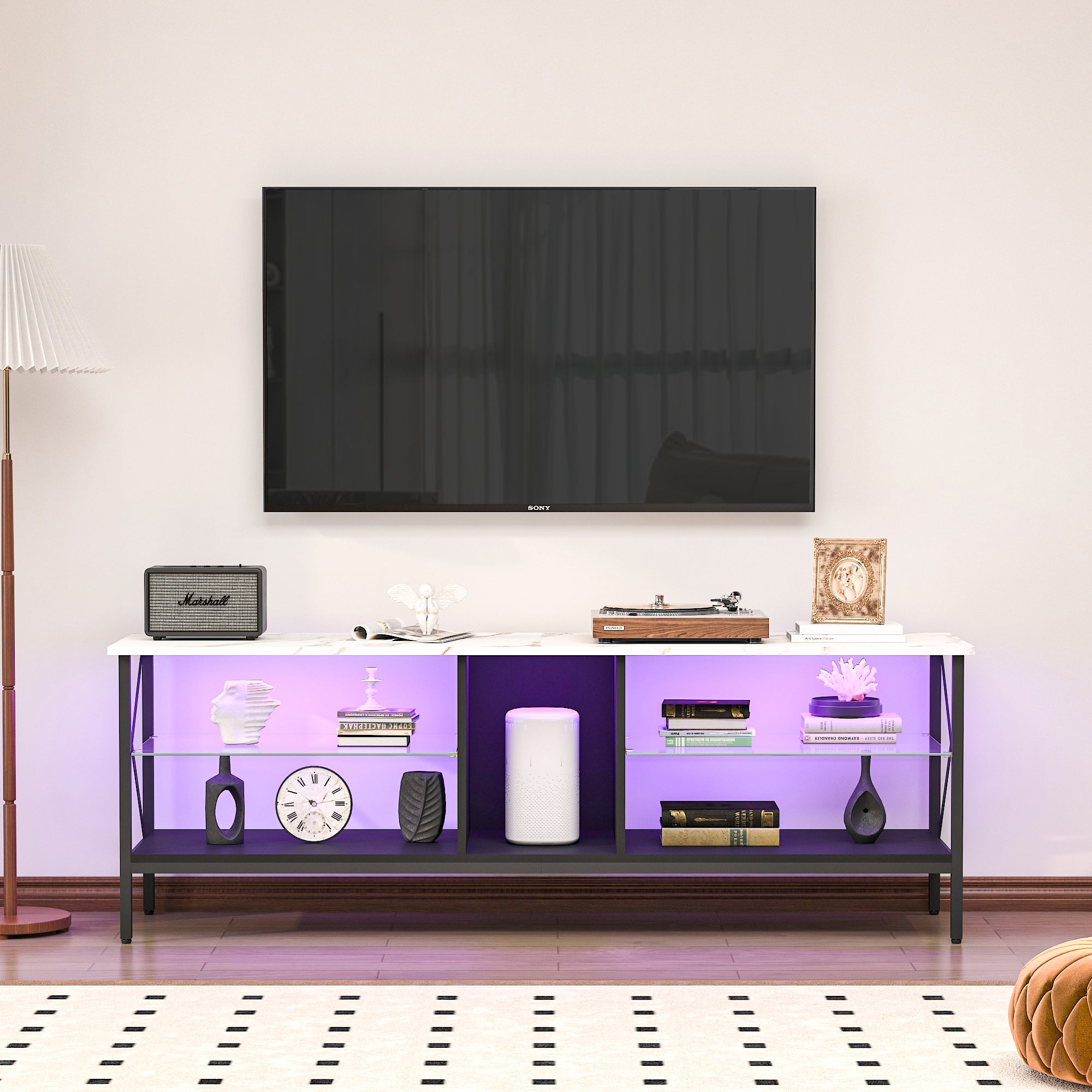 TV Stand, Iron TV Cabinet, Entertainment Center, TV Set, Media Console, With Led Lights, Remote Control, Toughened Glass Stand, Can Be Placed In The Living Room, Bedroom, Color:White With Marble Texture