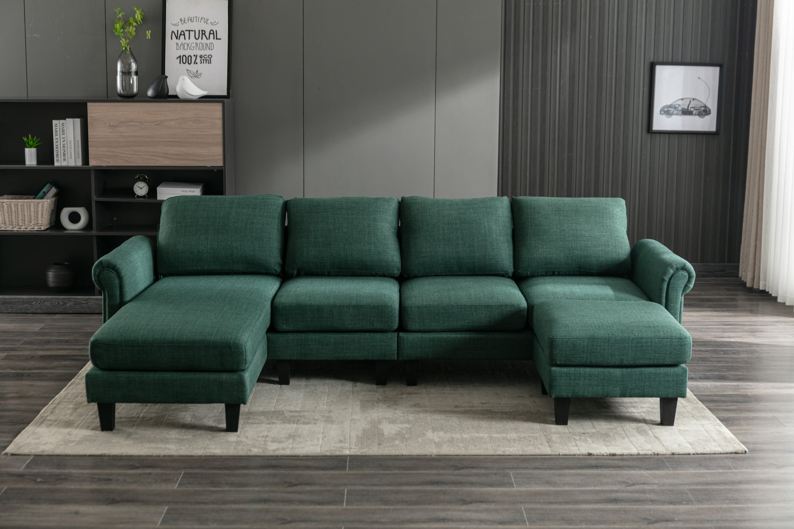 🆓🚛 108" L-Shaped 4-Seater Sectional Sofa Couch With Ottoman, Emerald Green