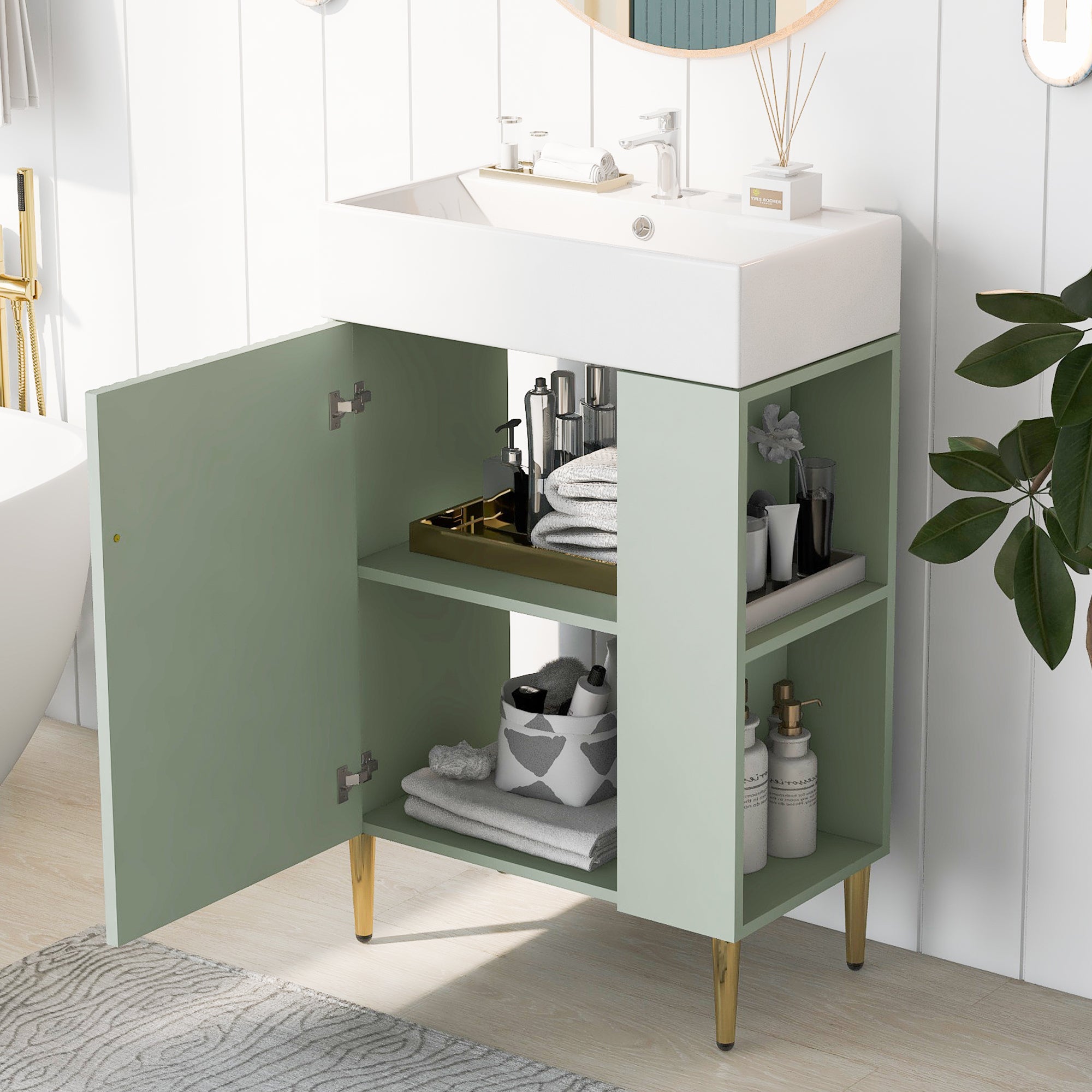 21.6" Green Bathroom Vanity, Combo Cabinet, Bathroom Storage Cabinet, Single Ceramic Sink, Right Side Storage