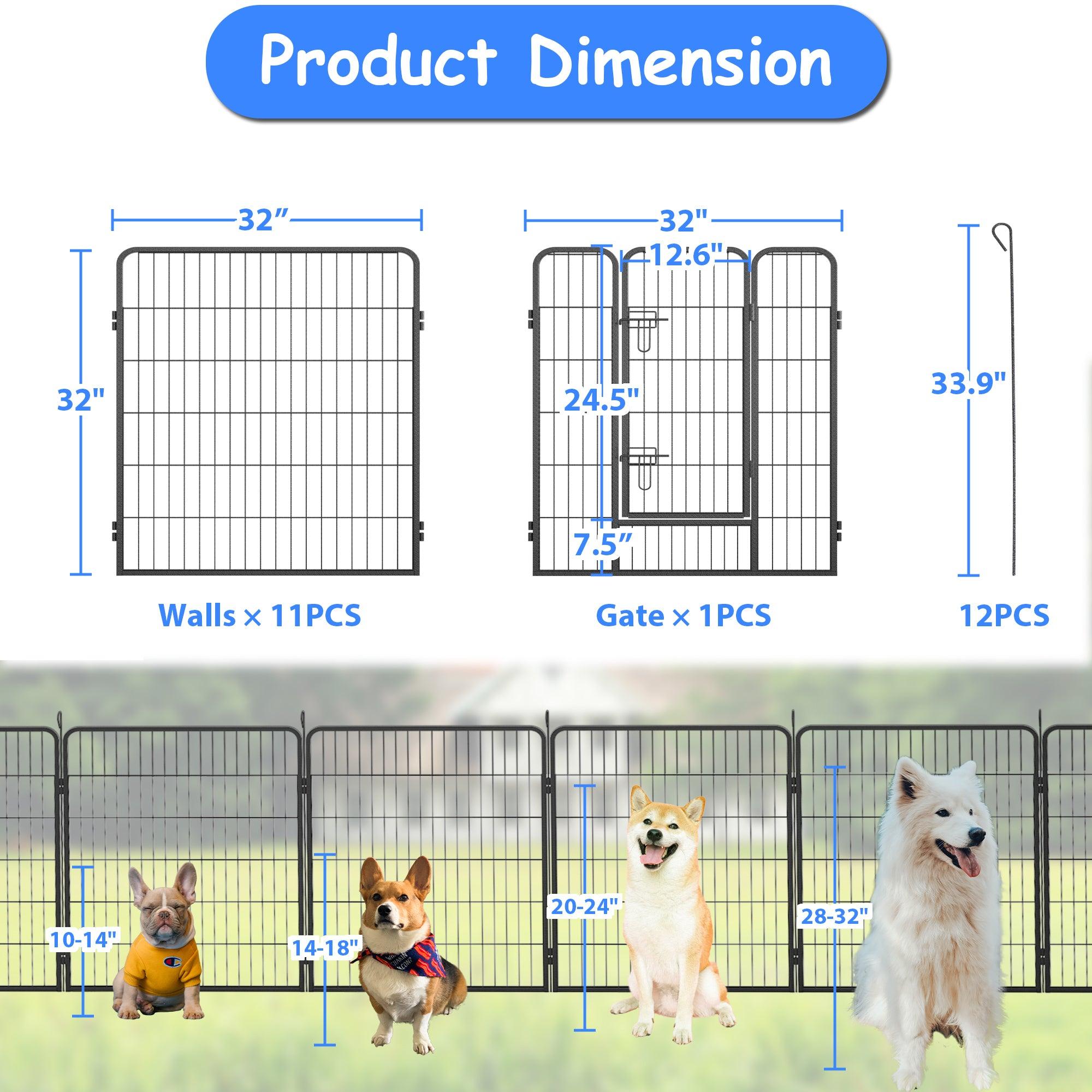 Dog Pens Outdoor 32" Height Foldable 12 Panels Heavy Duty Metal Portable Dog Playpen Indoor Anti-Rust Exercise Dog Fence With Doors For Large/Medium/Small Pets Play Pen For RV Camping Yard