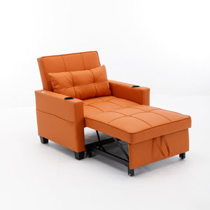 Futon Chair Bed Convertible Chair 3-in-1 Pull Out Sleeper Chair Beds with USB Ports, Wear-resistant and Anti-scratch, Armchair Bed Sleeper for Living Room (Orange Leather)