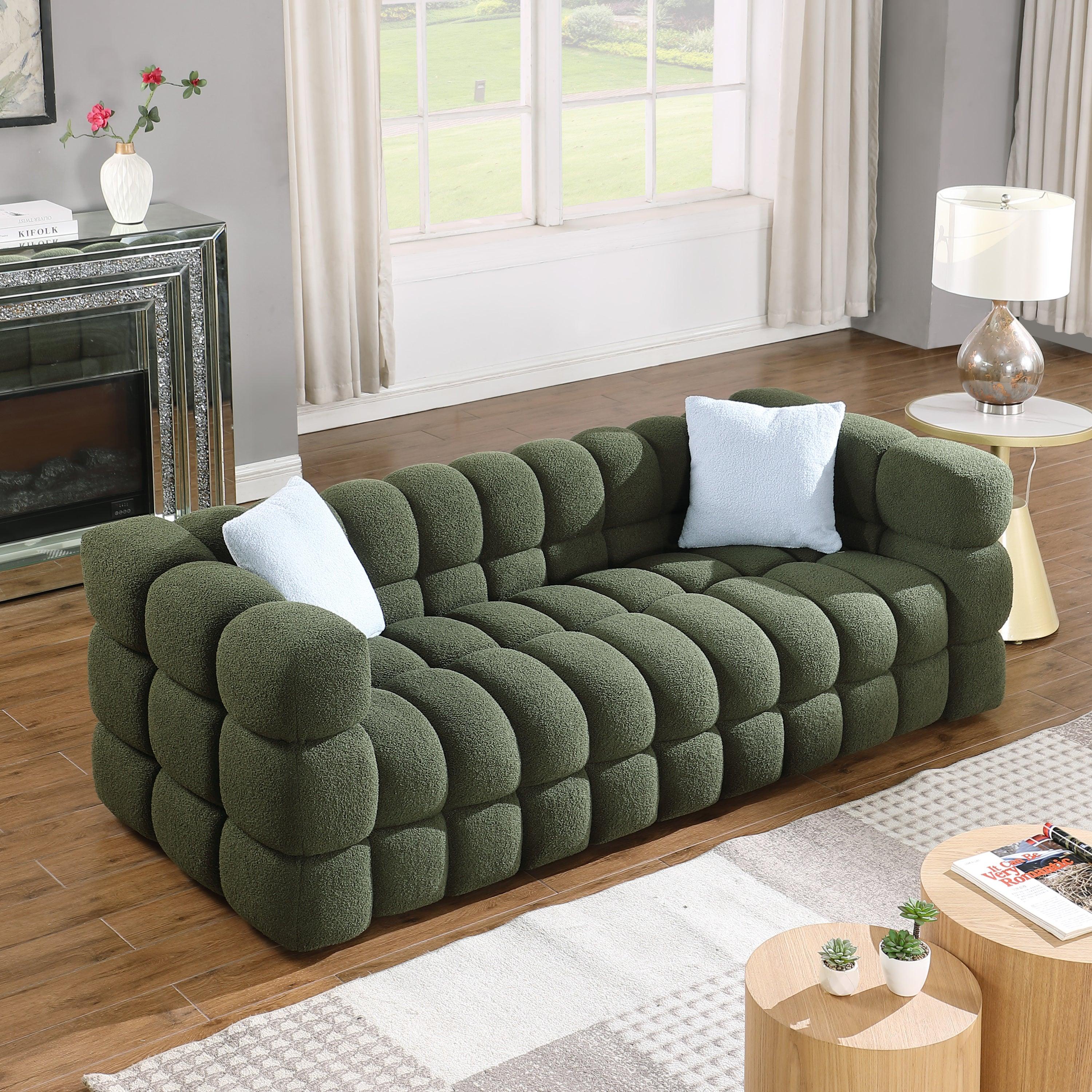 🆓🚛 84.3 Length, Marshmallow Boucle Sofa, 3 Seater, Olive Green