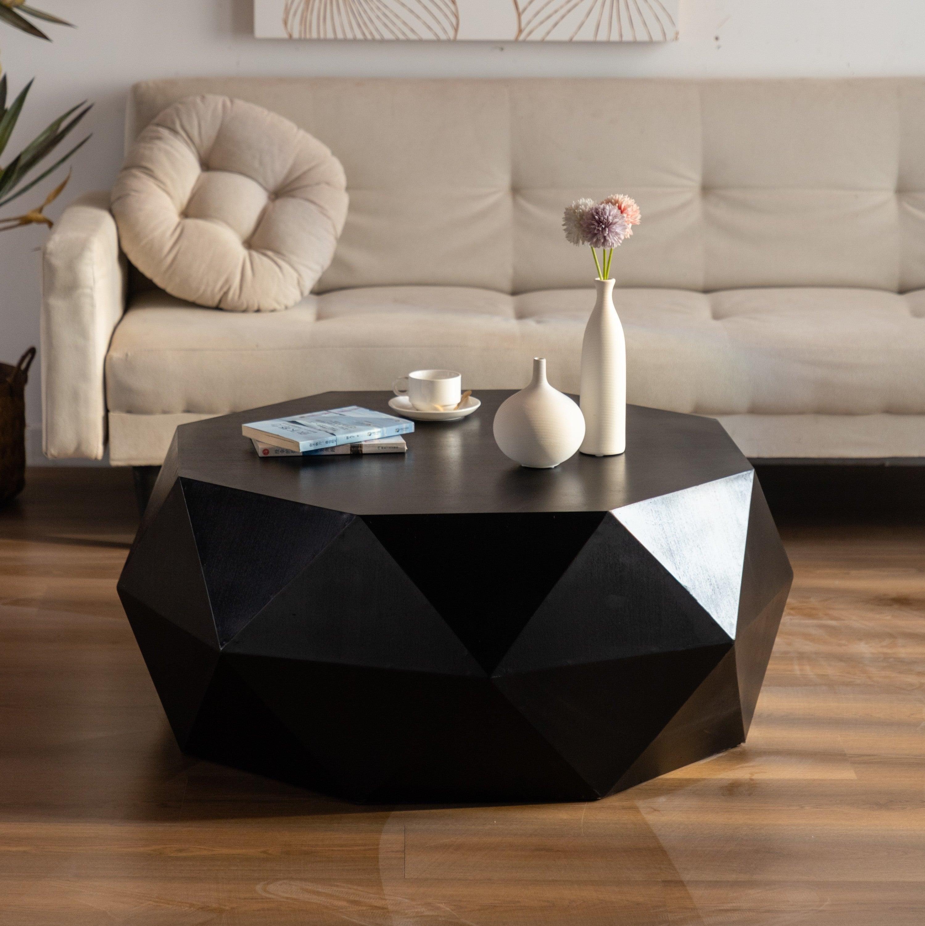 🆓🚛 38" Three-Dimensional Embossed Pattern Design American Retro Style Coffee Table, Black Tabletop
