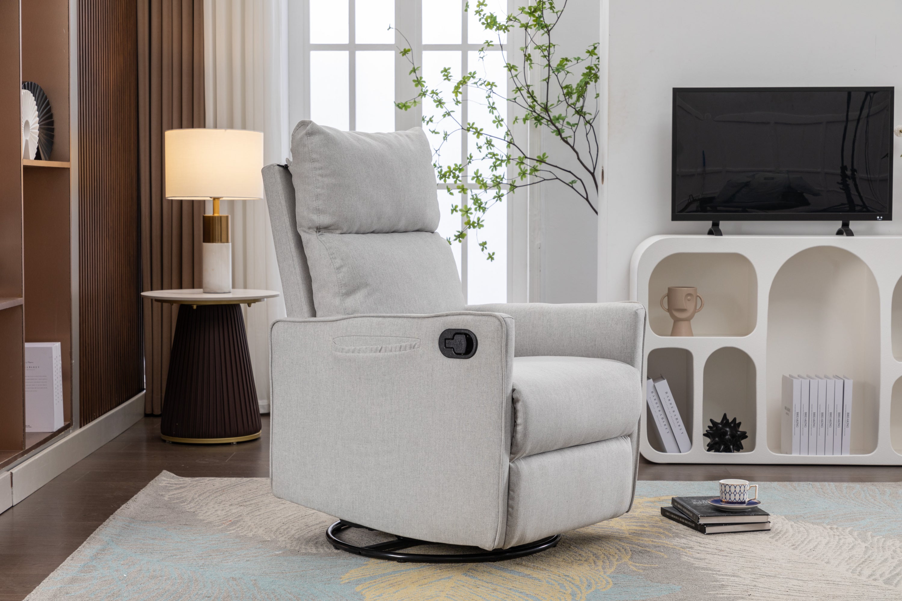 🆓🚛 Cotton Linen Fabric Swivel Rocking Chair Glider Rocker Recliner Nursery Chair With Adjustable Back and Footrest for Living Room Indoor, Light Gray
