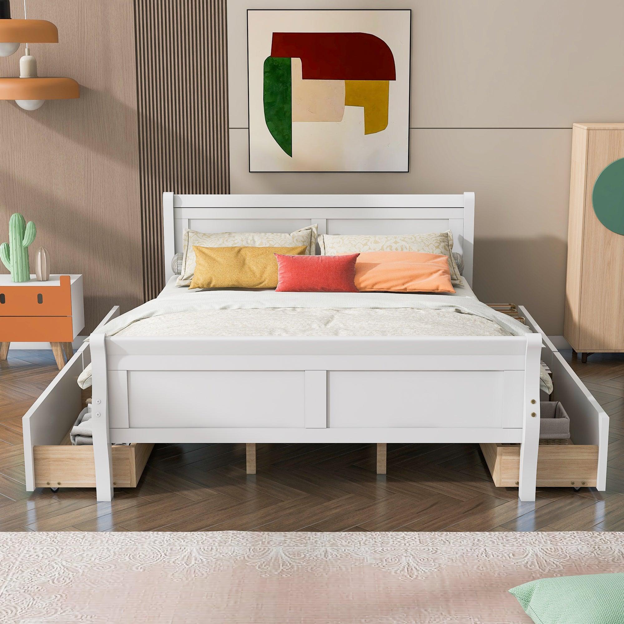 🆓🚛 Queen Size Wood Platform Bed With 4 Drawers & Streamlined Headboard & Footboard, White