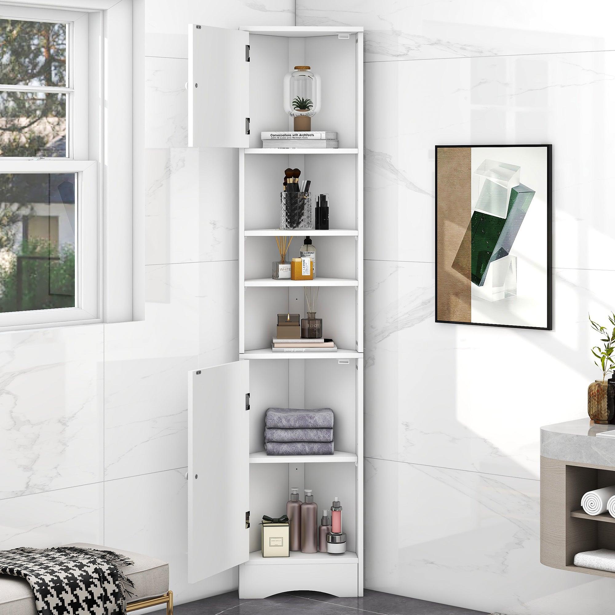 🆓🚛 Multi-Functional Corner Cabinet Tall Bathroom Storage Cabinet With Two Doors & Adjustable Shelves, Open Shelf, White