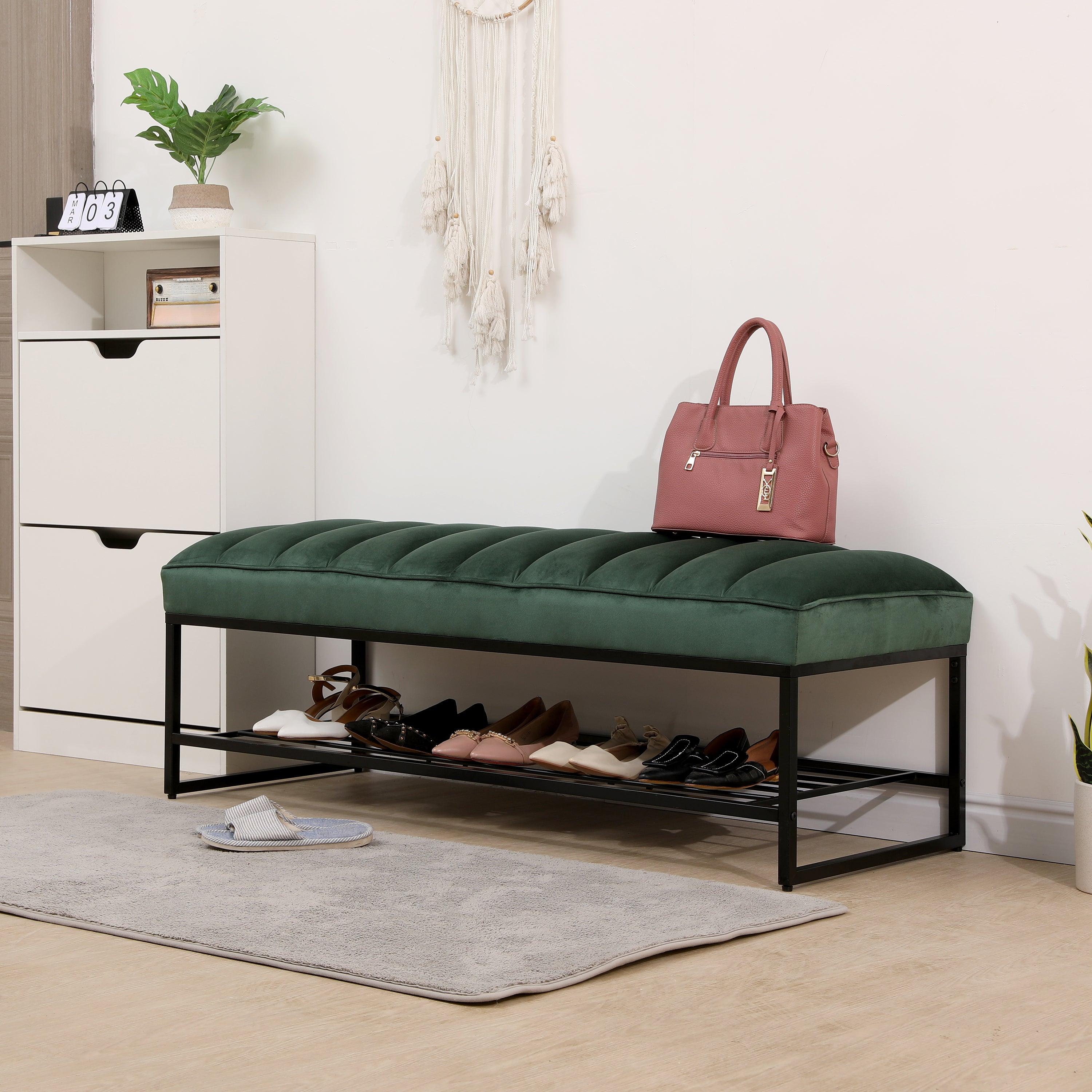 Green Velvet Channel Tufted Ottoman Bench Accent Upholstered Bendroom End of Bed Bench with Storage Shelf (Green)