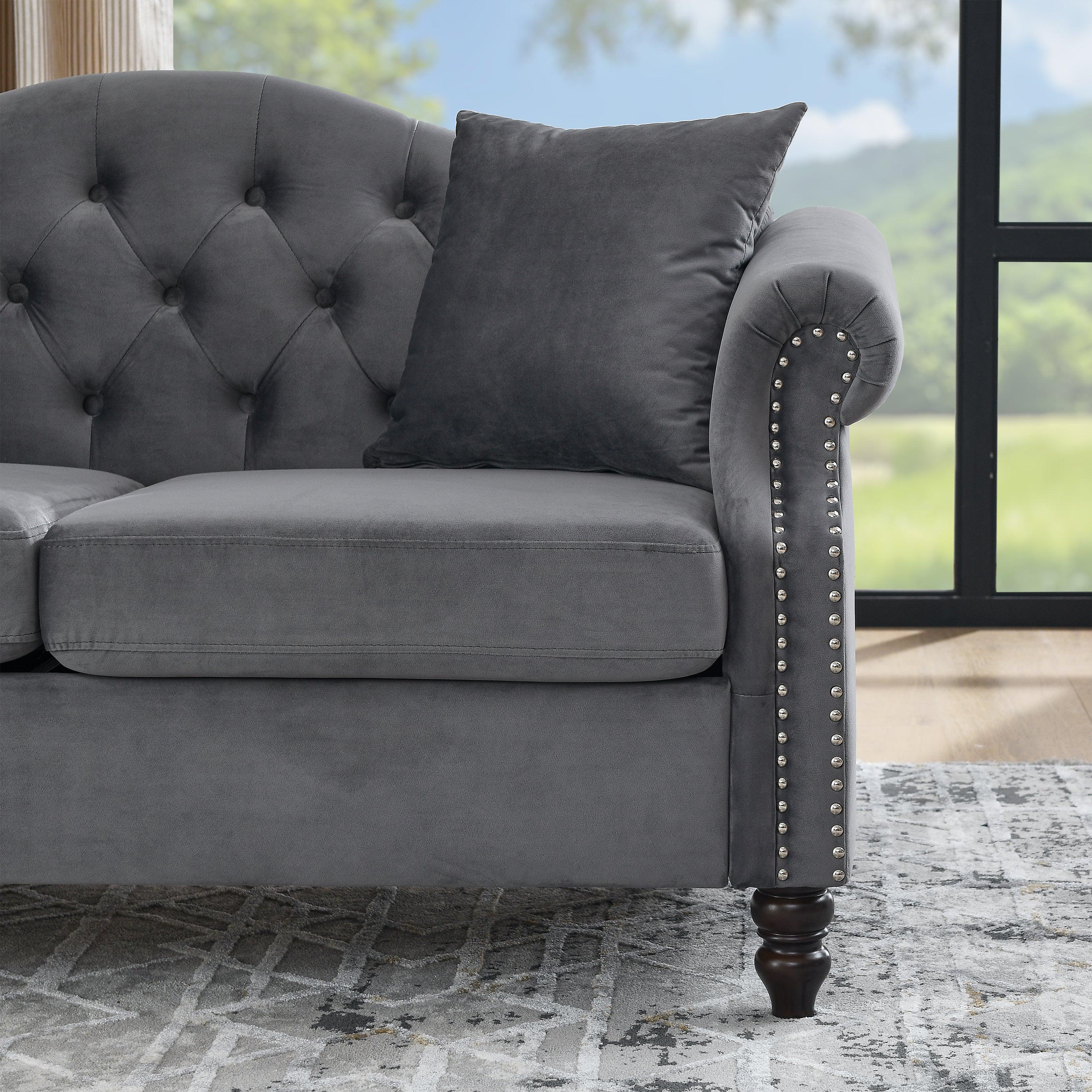 57" Chesterfield Sofa Grey Velvet for Living Room, 2 Seater Sofa Tufted Couch with Rolled Arms and Nailhead, with 2 Pillows