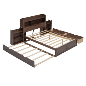 Full Size Storage Platform Bed with Pull Out Shelves, Twin Size Trundle and 2 Drawers, Espresso