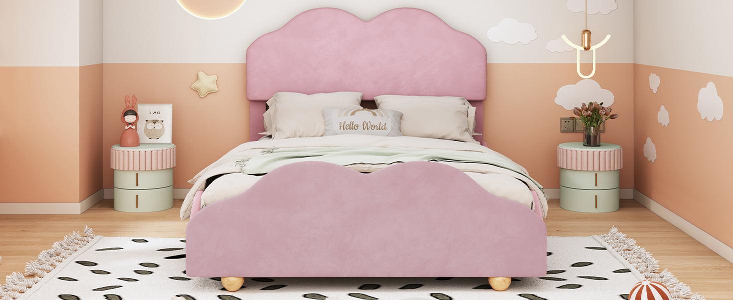 Full Size Upholstered Platform Bed with Cloud Shaped bed board, Light Pink