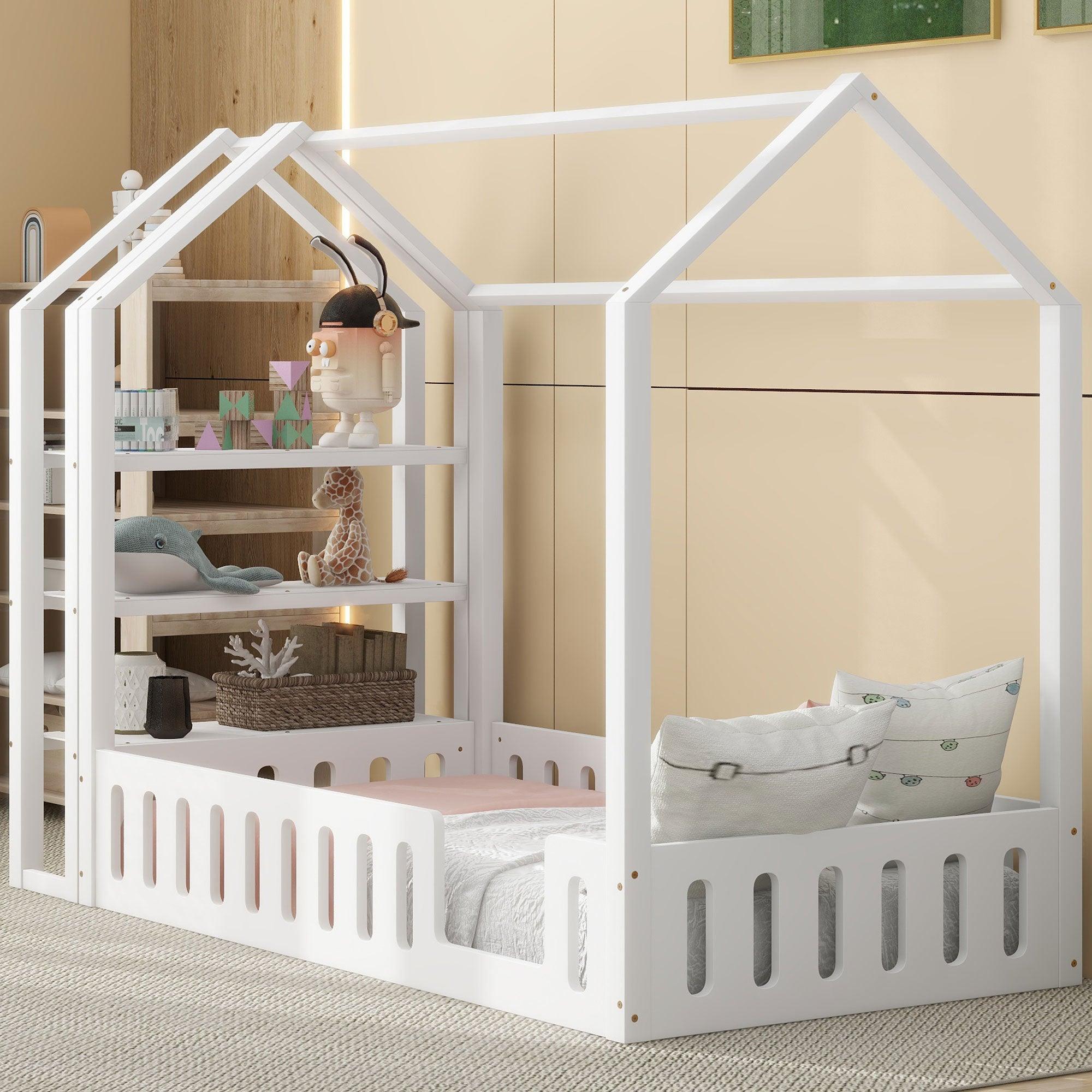 🆓🚛 Twin Size Wood House Bed With Fence & Detachable Storage Shelves, White