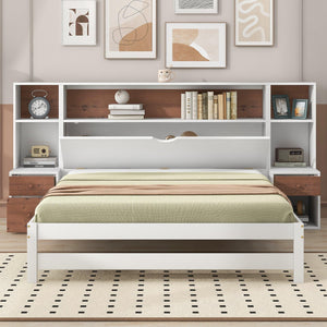 Full Size Platform Bed with Storage Headboard and Drawers, White