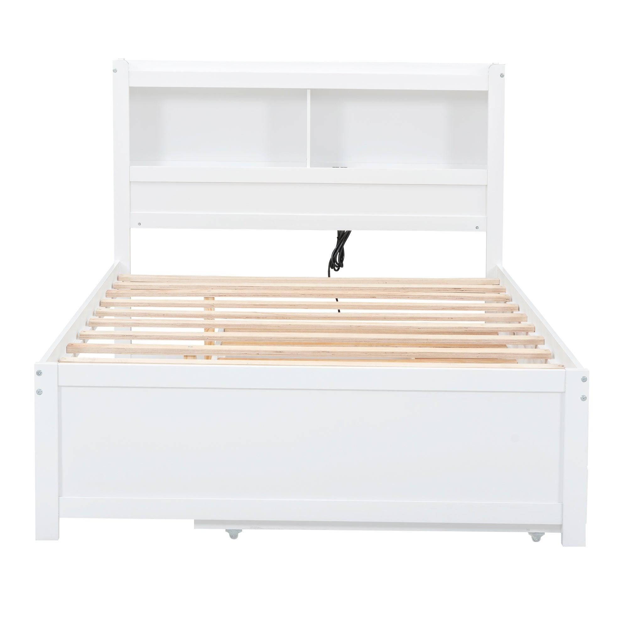 Full Size platform bed with trundle, drawers and USB plugs, White