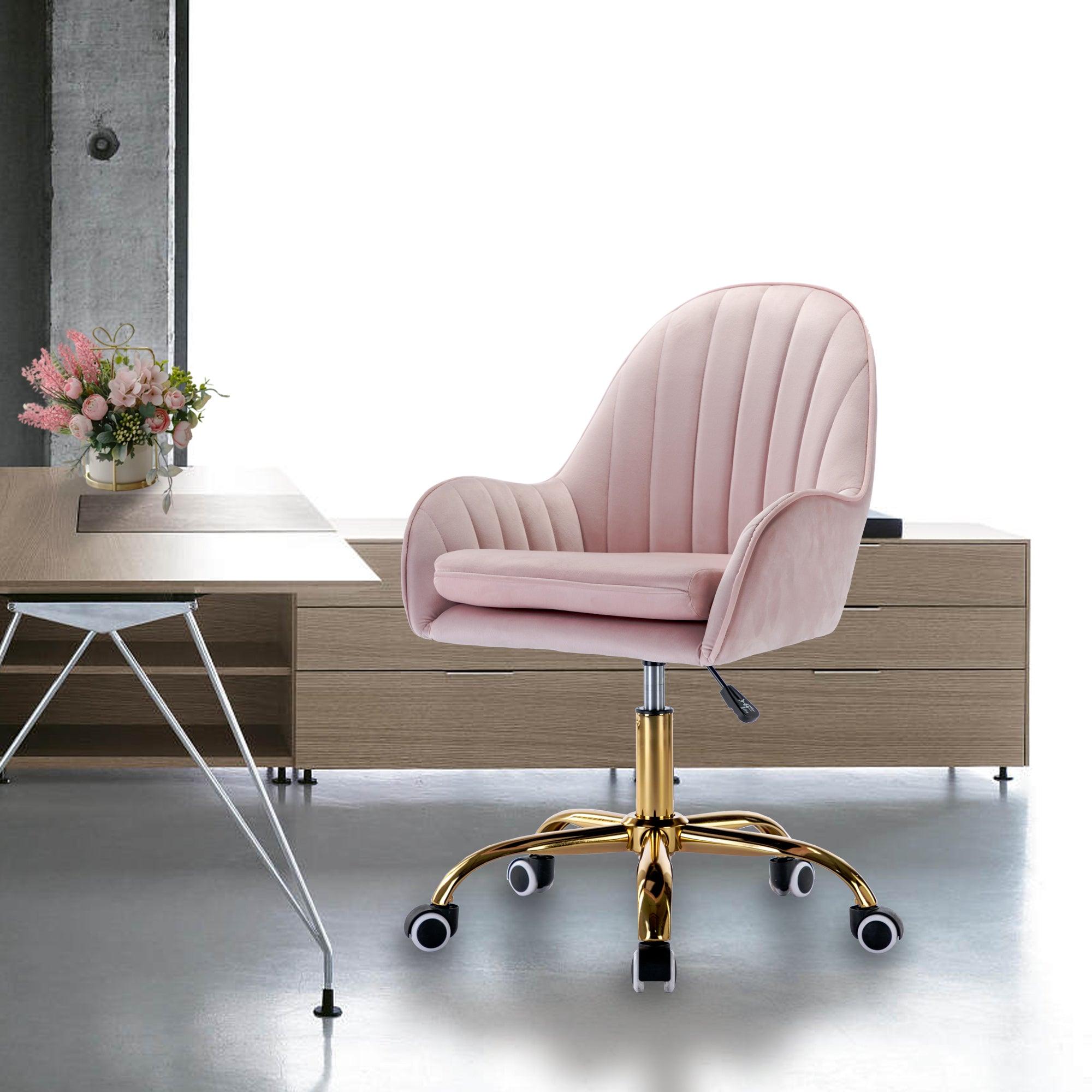 🆓🚛 Velvet Home Office Chair With Wheels, Cute Chair With Side Arms & Gold Metal Base for Living Room, Bedroom, & Vanity Room, Bling Desk Nail Desk for Women, Adjustable Height, Pink