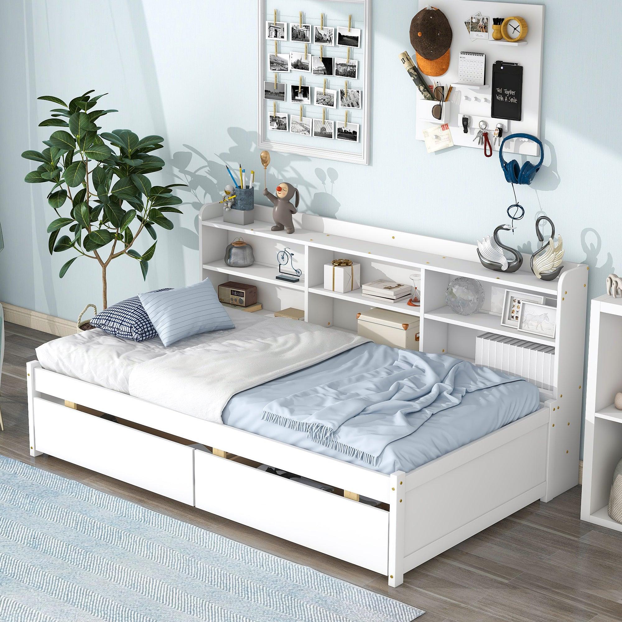 🆓🚛 Twin Bed With Side Bookcase, Drawers, White