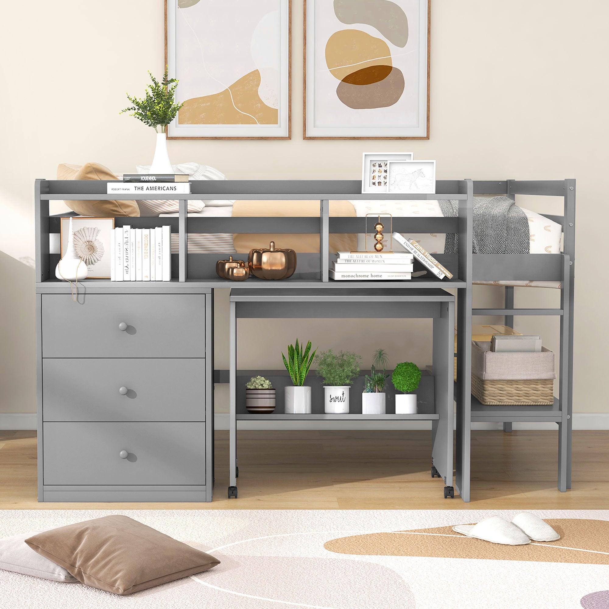 Full Size Low Loft Bed with Rolling Portable Desk, Drawers and Shelves, Gray