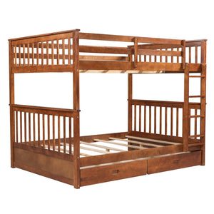 Full-Over-Full Bunk Bed with Ladders and Two Storage Drawers (Walnut)