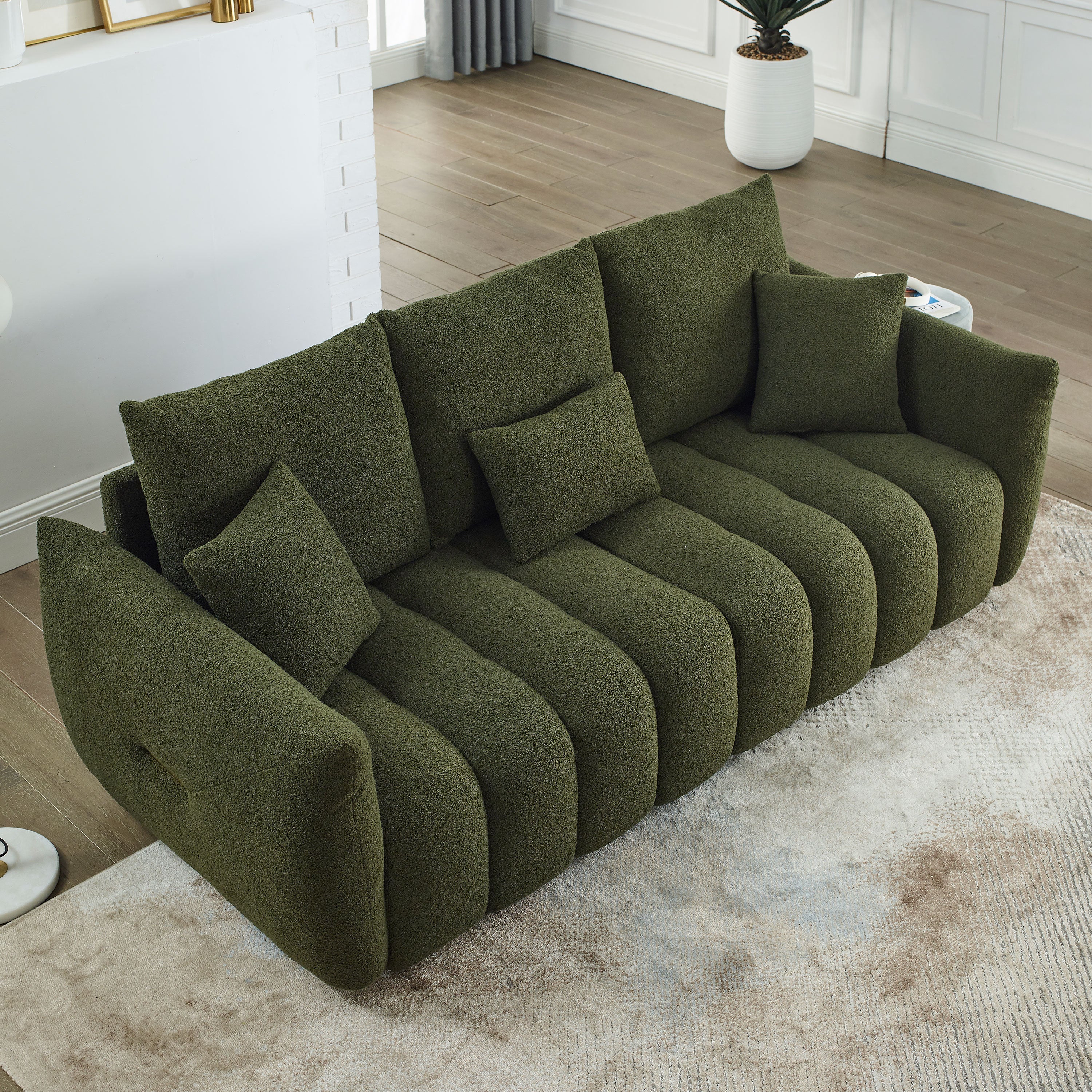 🆓🚛 82" Premium Teddy Velvet Sofa With 3 Back Pillows and 3 Back Cushions Solid Wood Frame 3-Seater Sofa, Green