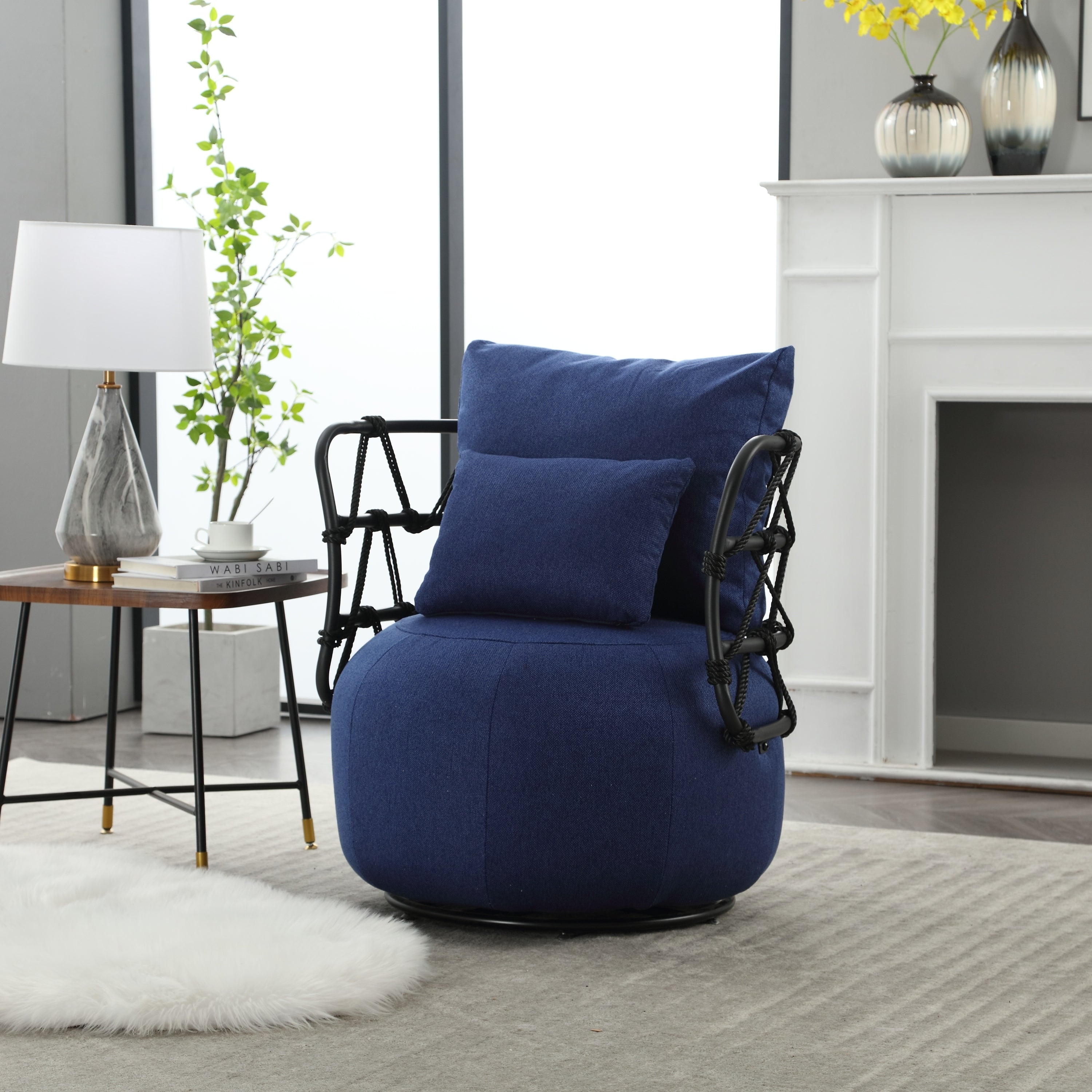 🆓🚛 Upholstered Tufted Living Room Chair Textured Linen Fabric Accent Chair With Metal Stand, Navy Blue