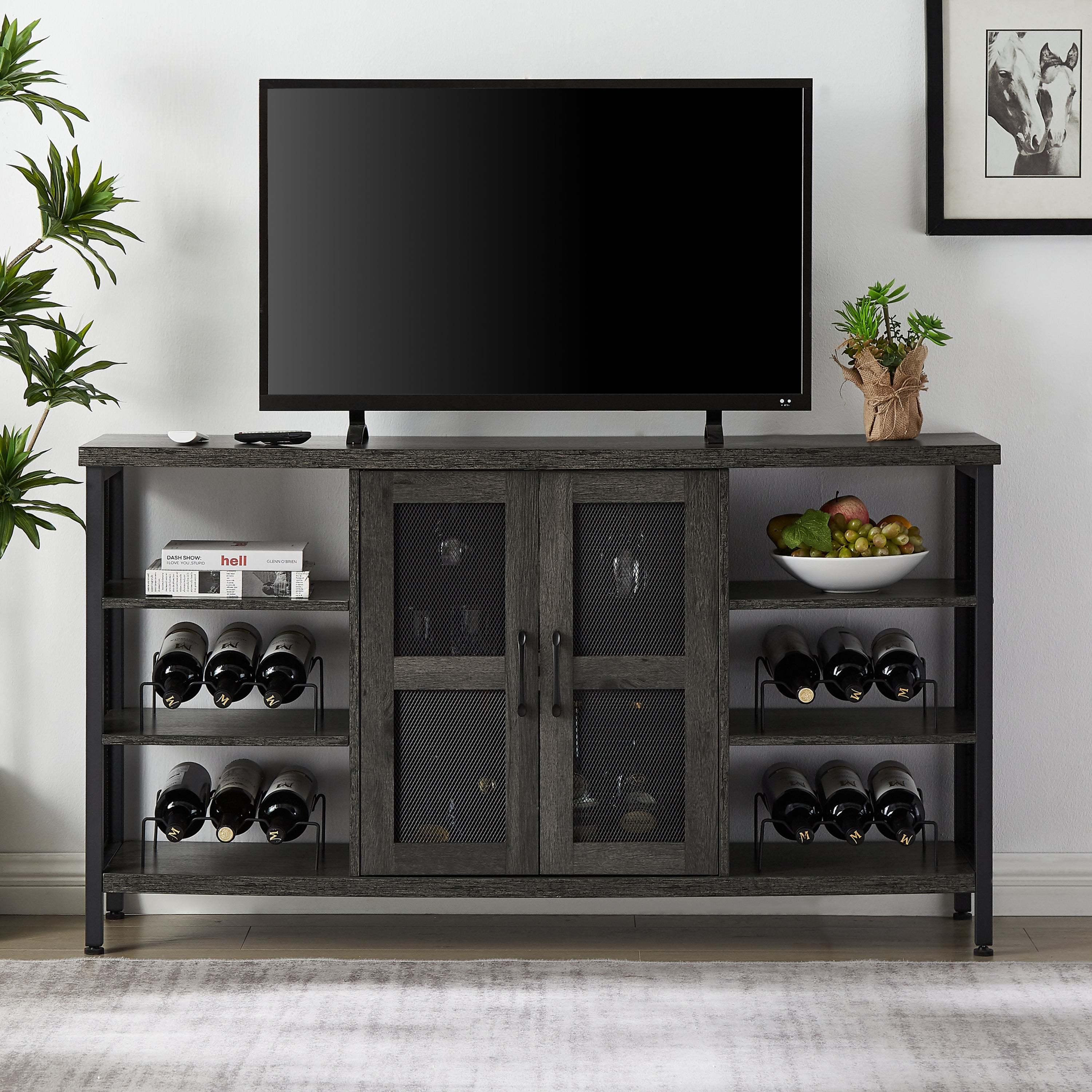 🆓🚛 Industrial Wine Bar Cabinet, Liquor Storage Credenza, Sideboard With Wine Racks & Stemware Holder, Dark Gray, 55.12"W X 13.78"D X 30.31"H