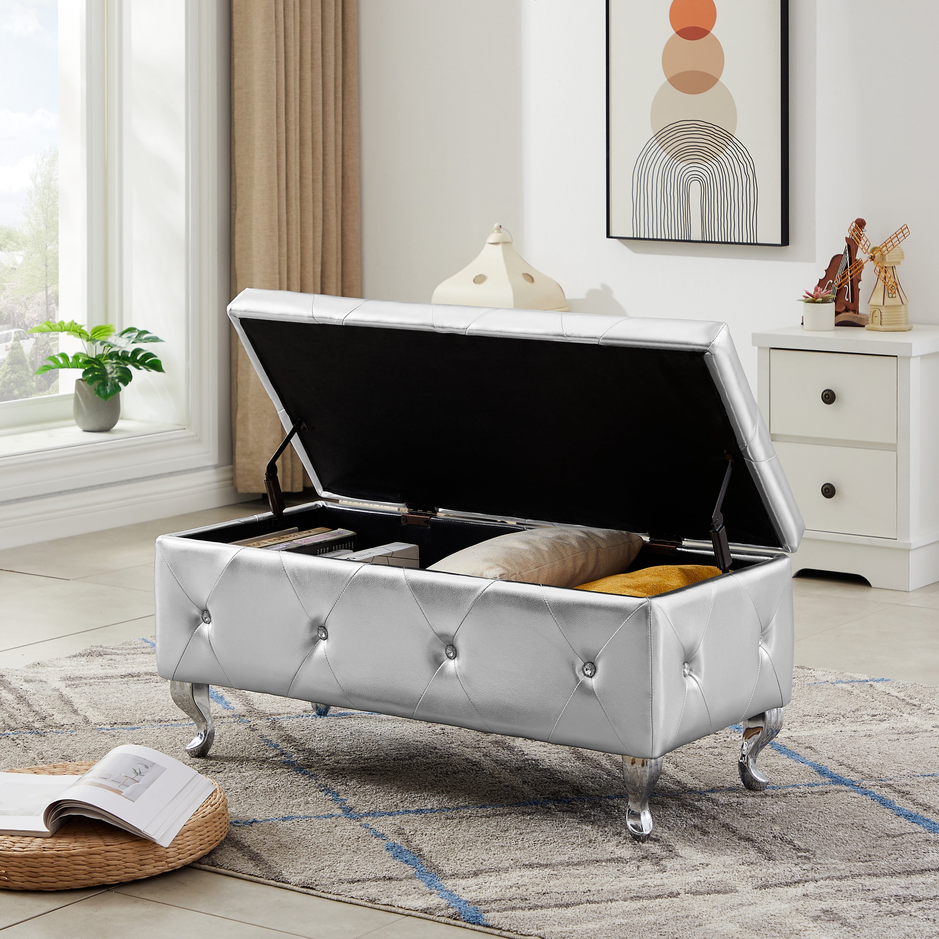 🆓🚛 Storage Bench, Flip Top Entryway Bench Seat With Safety Hinge, Storage Chest With Padded Seat, Silver PU