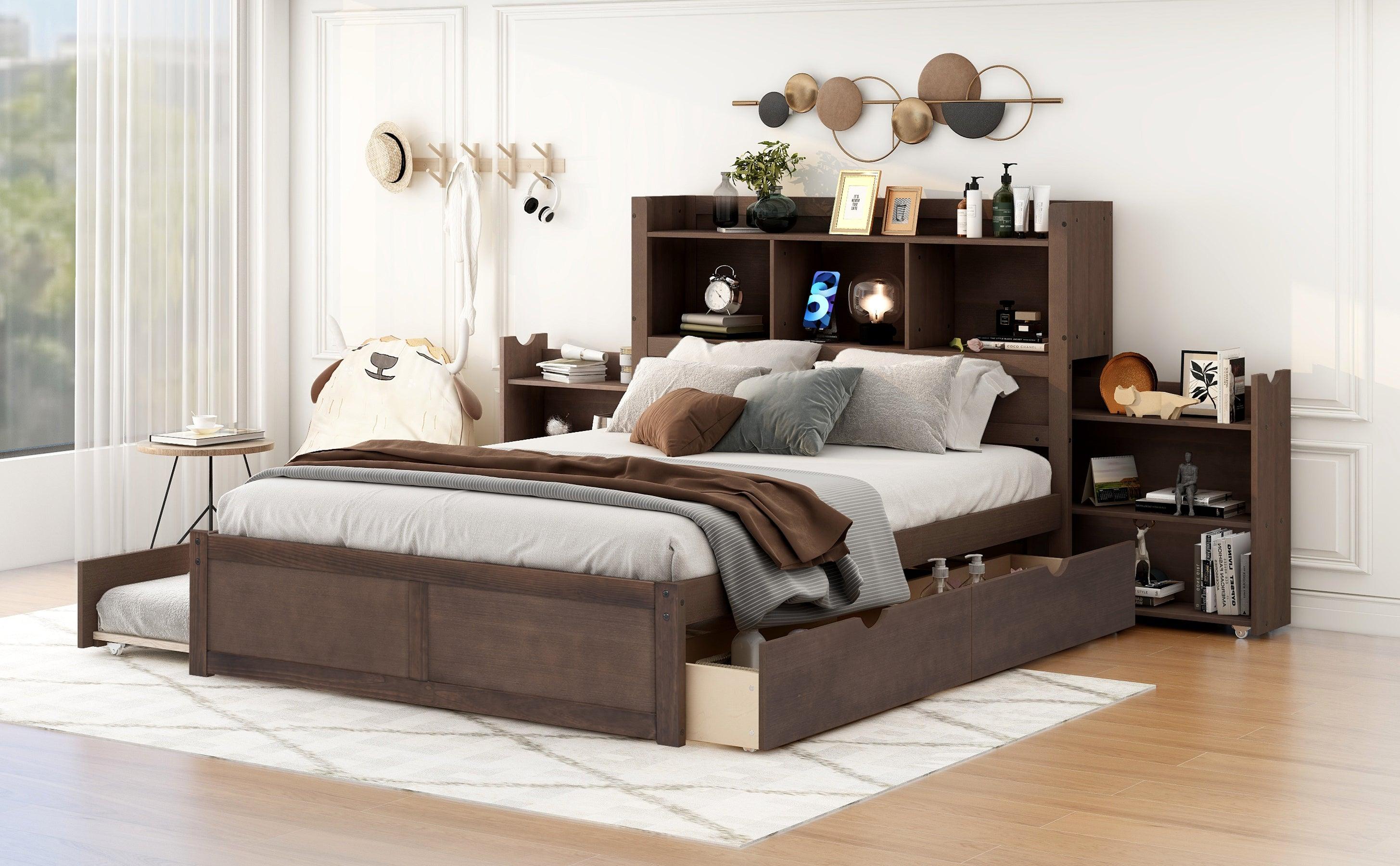 Full Size Storage Platform Bed with Pull Out Shelves, Twin Size Trundle and 2 Drawers, Espresso