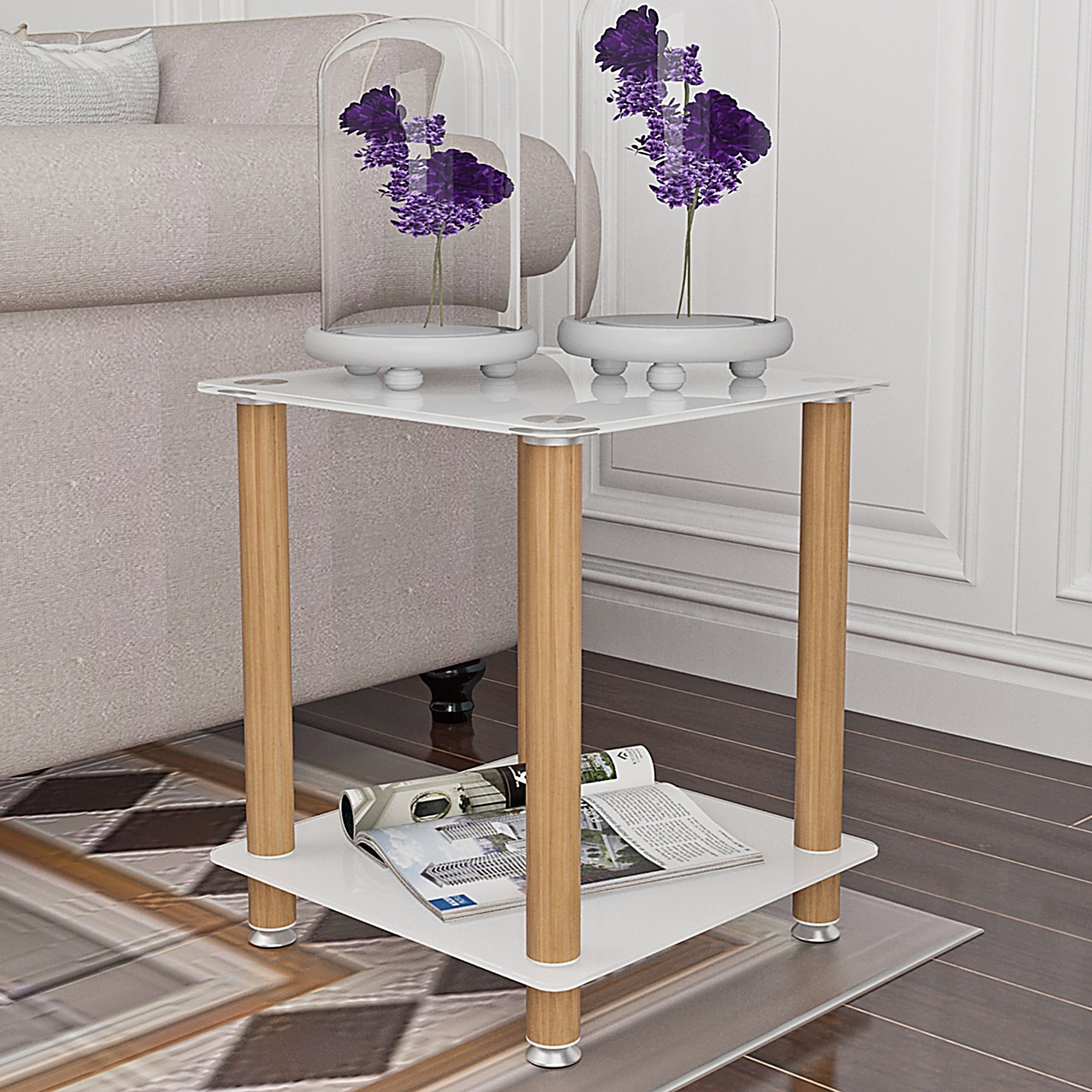 2-Piece White+Oak Side Table, 2-Tier Space End Table, Modern Night Stand, Sofa Table, Side Table With Storage Shelve