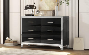 Elegant High Gloss Dresser with Metal Handle, Mirrored Storage Cabinet with 6 Drawers for Bedroom, Living Room, Black