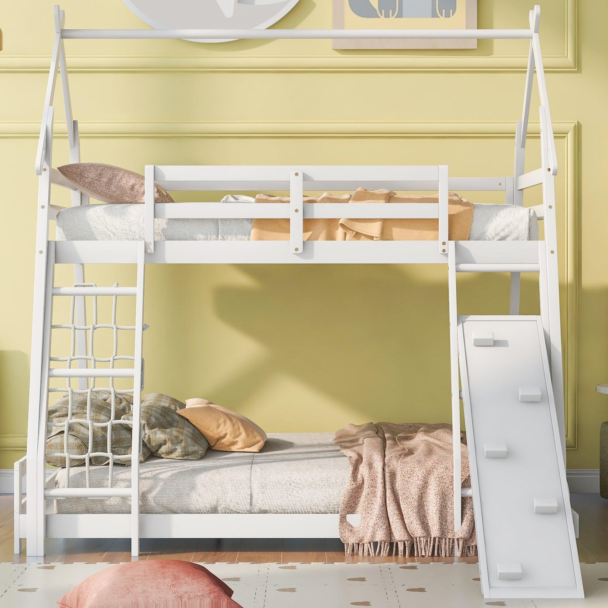 🆓🚛 Twin Over Queen House Bunk Bed With Climbing Nets & Climbing Ramp, White