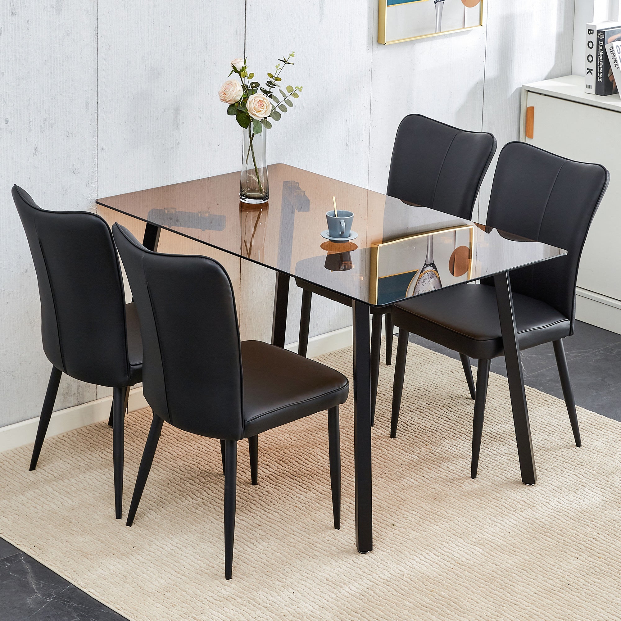 🆓🚛 One Table & 4 Black Pu Chairs Rectangular Tea Brown Glass Dining Table, Tempered Glass Tabletop and Black Metal Legs, Suitable for Kitchen & Dining Room